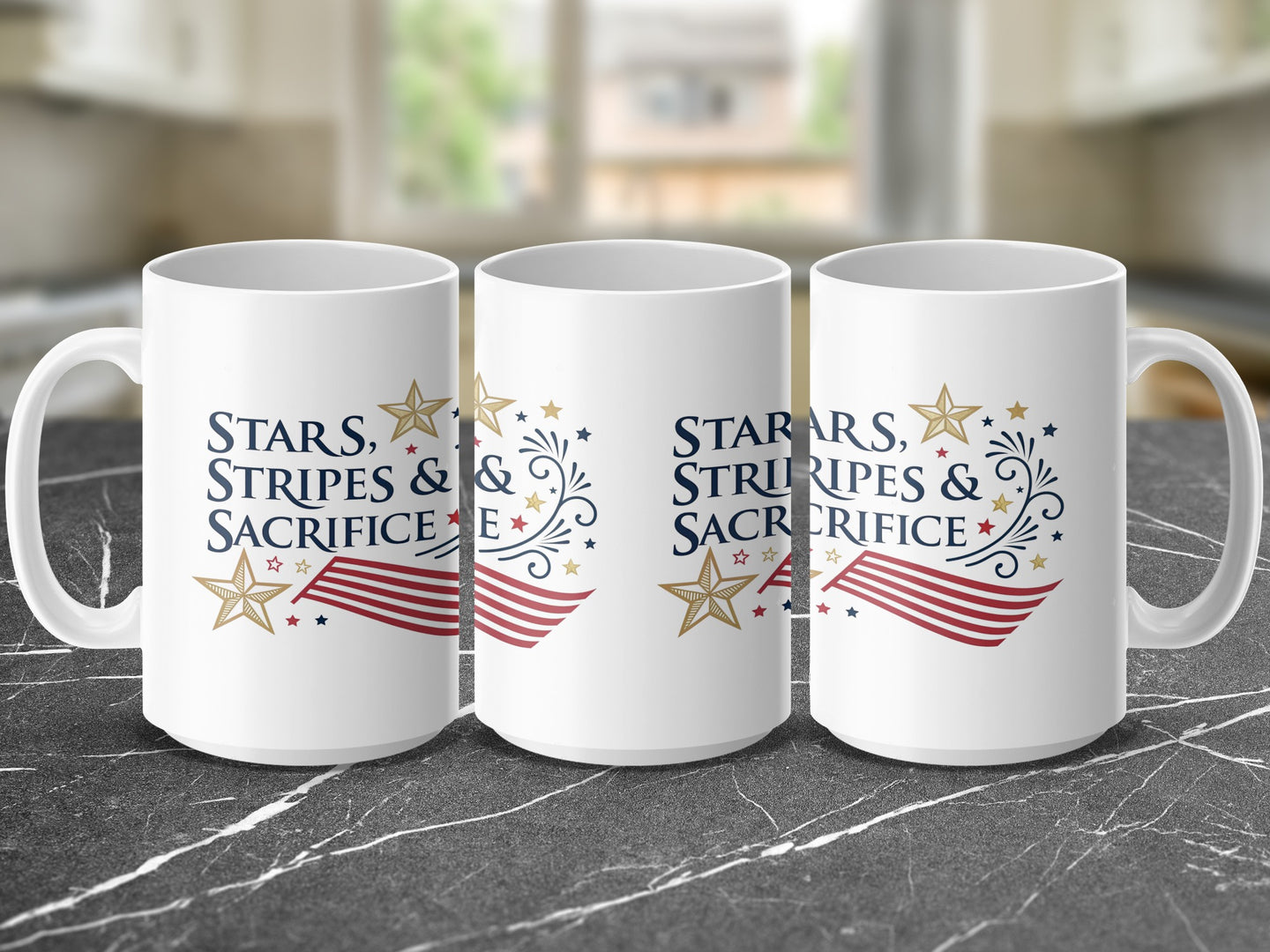 White mug with "Stars, Stripes & Sacrifice" text and stars and stripes.