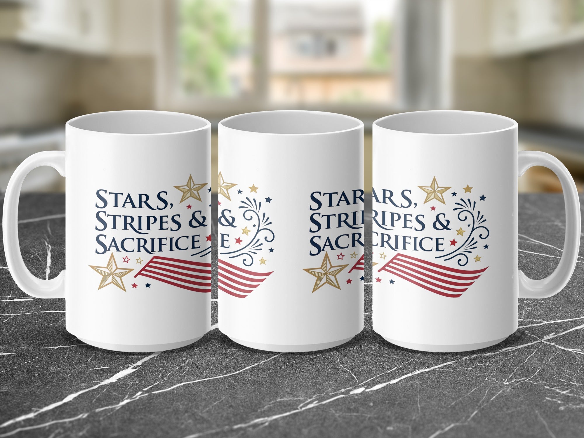White mug with "Stars, Stripes & Sacrifice" text and stars and stripes.