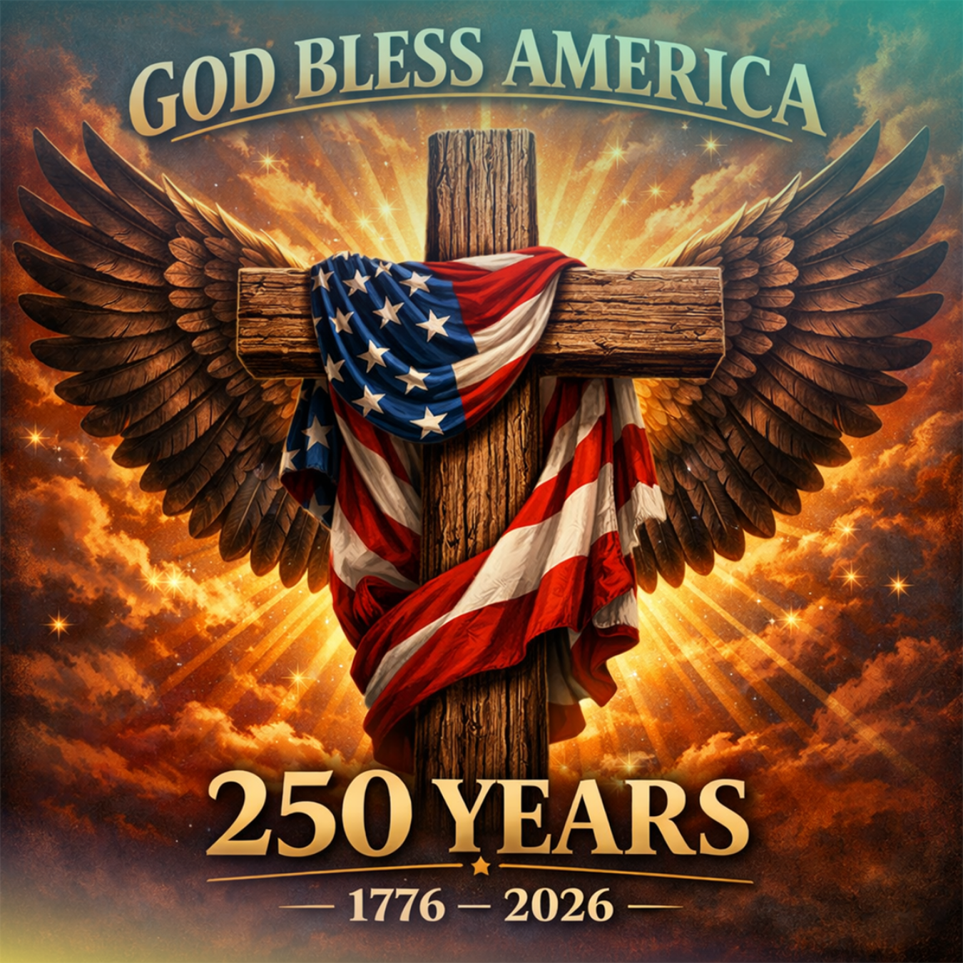 Wooden cross with American flag, wings, and "God Bless America 250 Years 1776-2026".