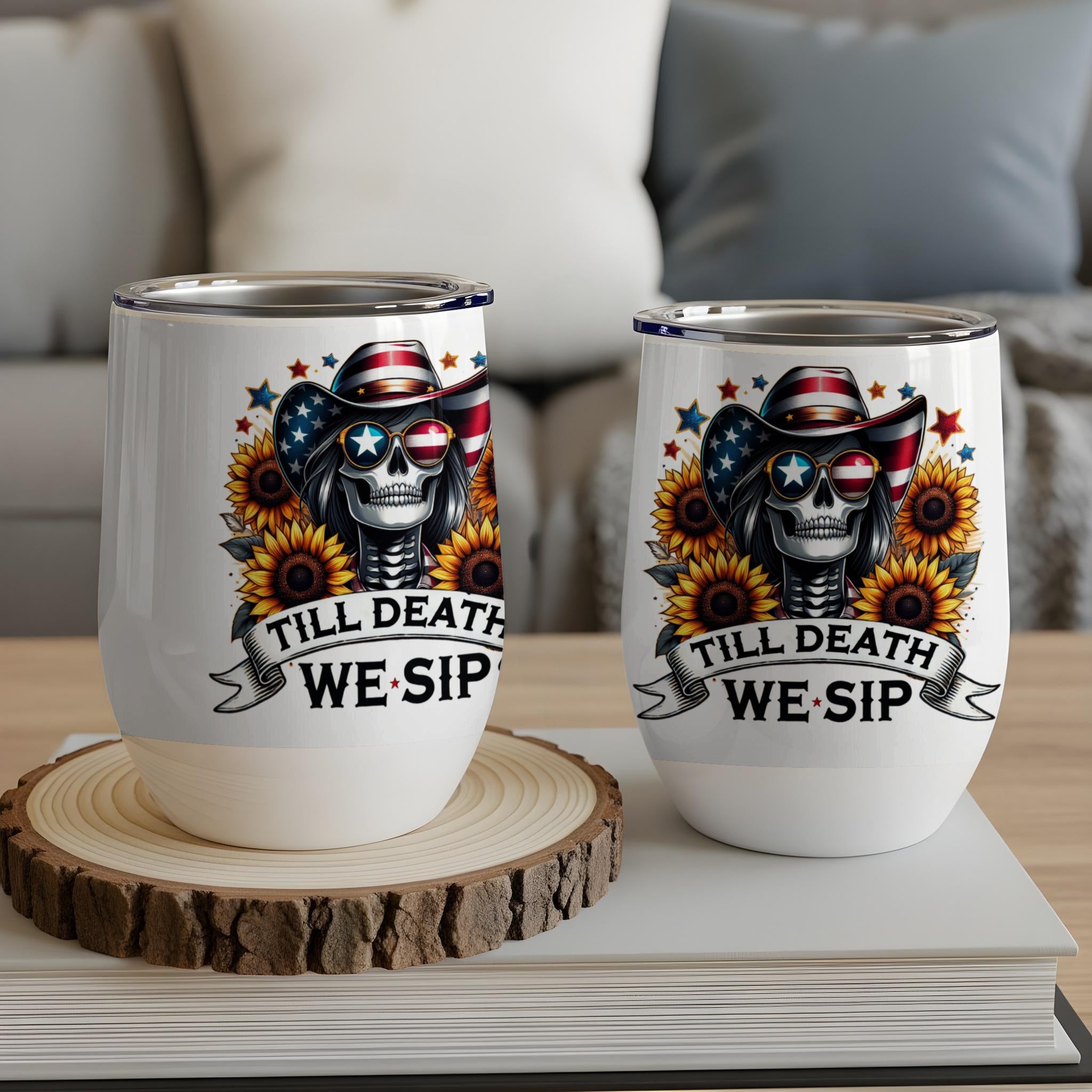Two wine tumblers with skull, cowboy hat, sunglasses, and American flag detail.