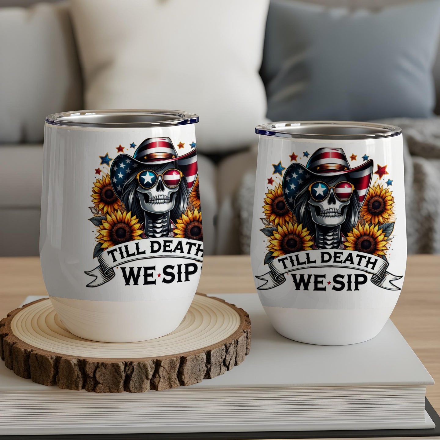 Two wine tumblers with skull, cowboy hat, sunglasses, and American flag detail.