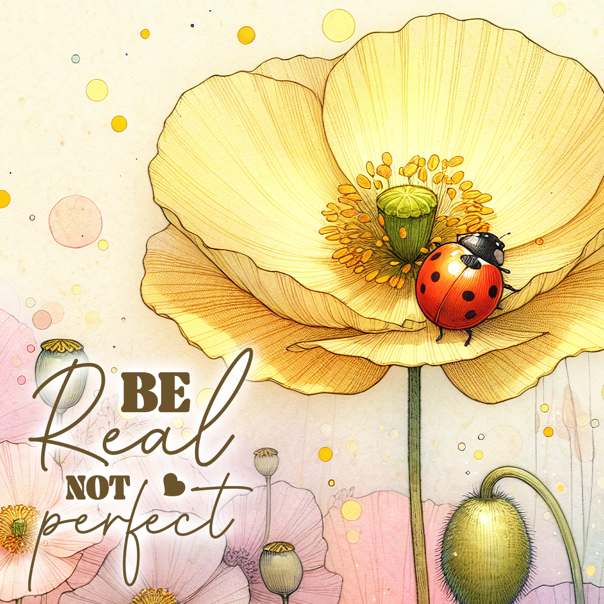 Yellow poppy with ladybug and text "Be Real Not Perfect".