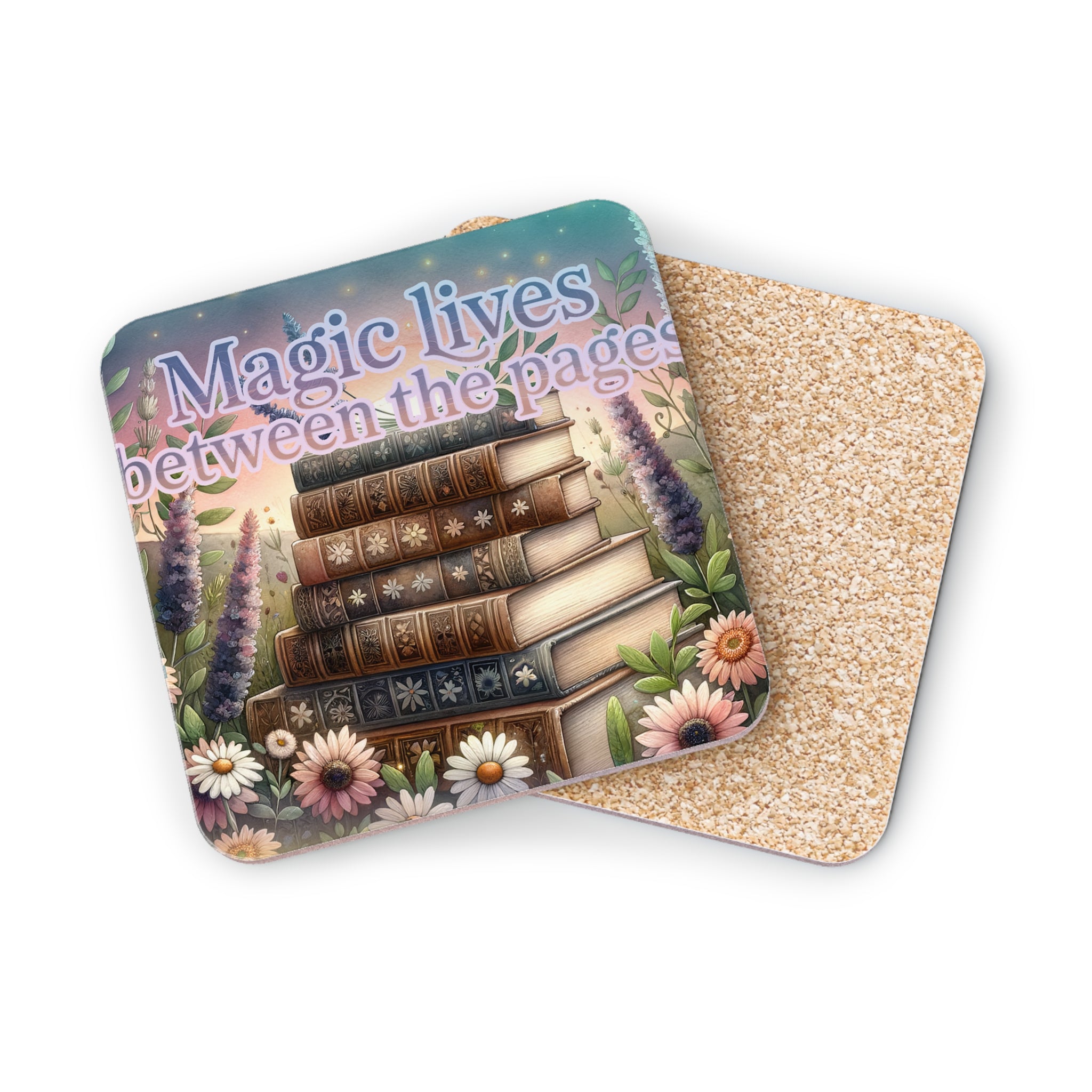 Stack of antique books with flowers and text "Magic lives between the pages".