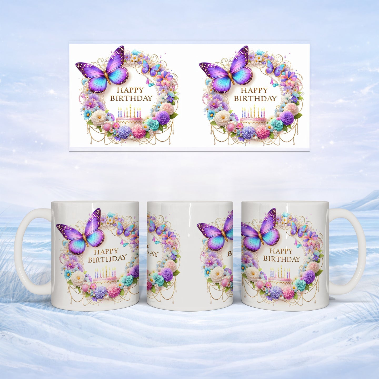 Mug with "Happy Birthday" text surrounded by flowers and butterflies.