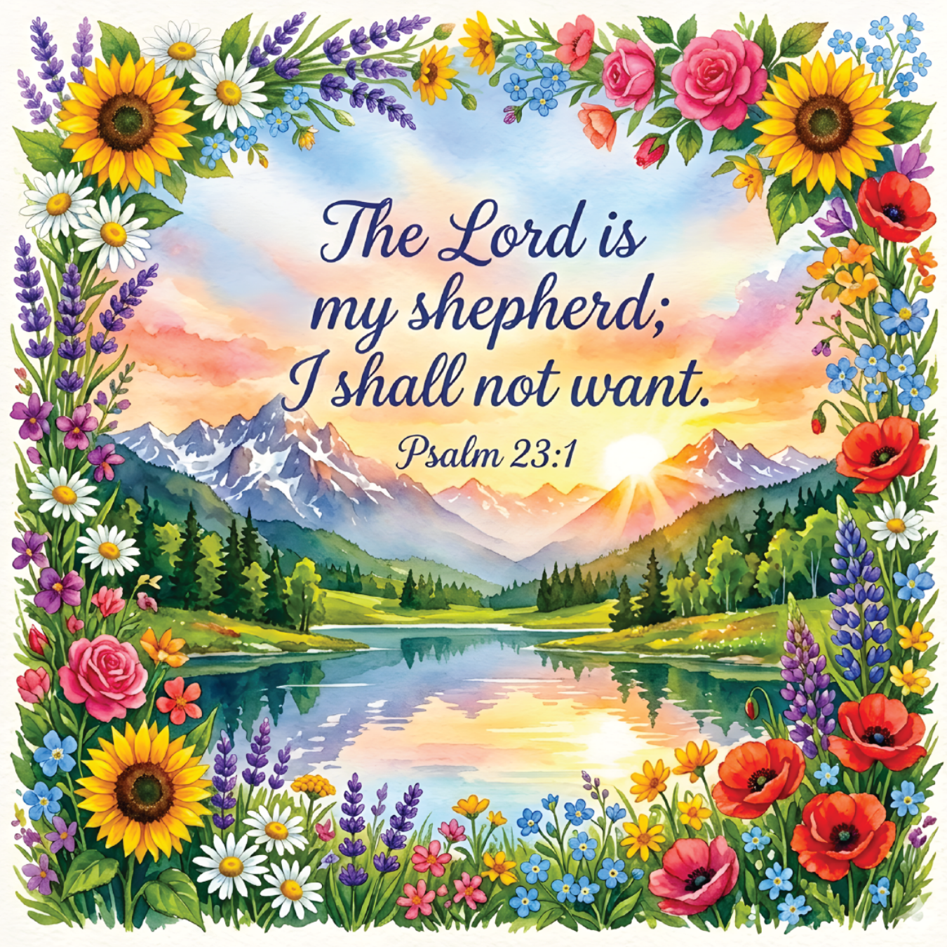 Floral border frames "The Lord is my shepherd; I shall not want. Psalm 23:1".