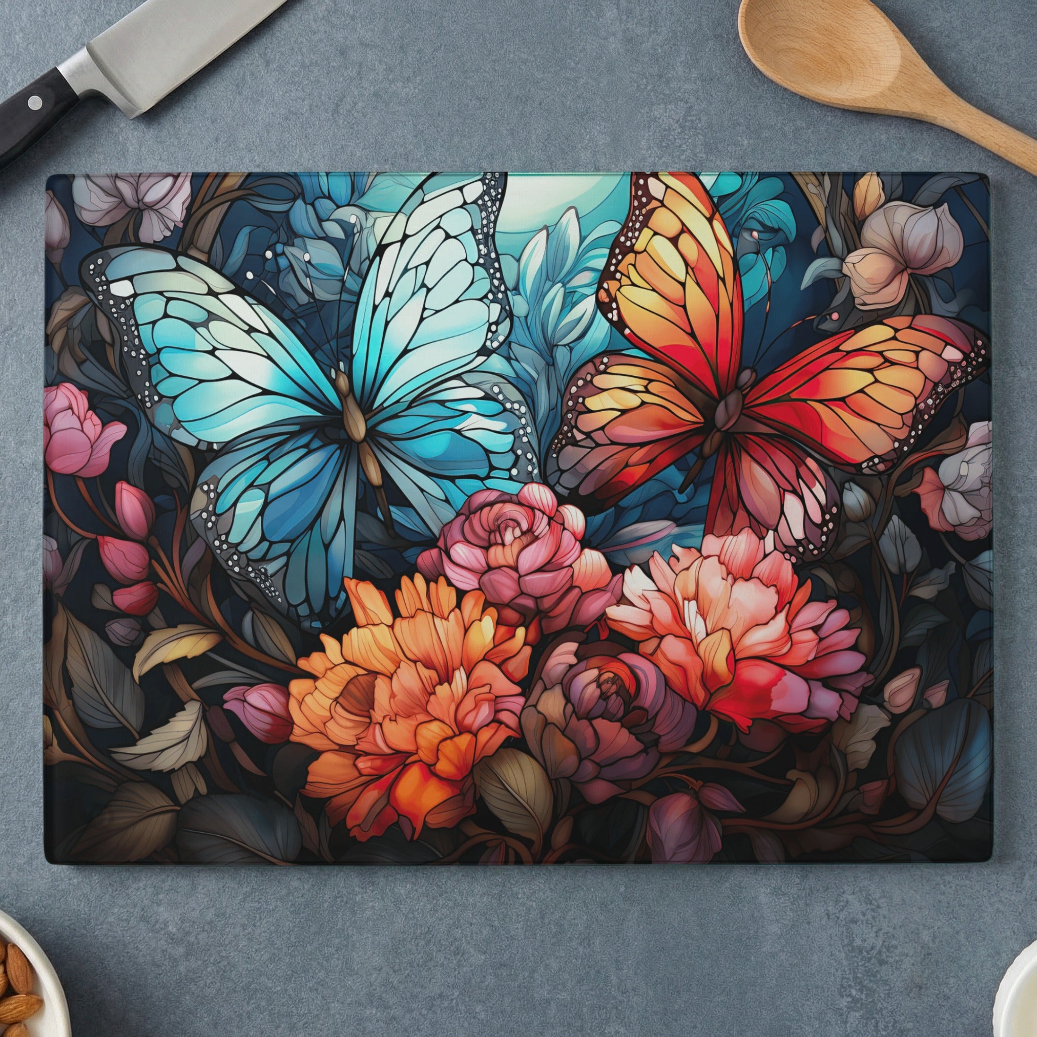 Two vibrant butterflies above colorful flowers on a dark background.