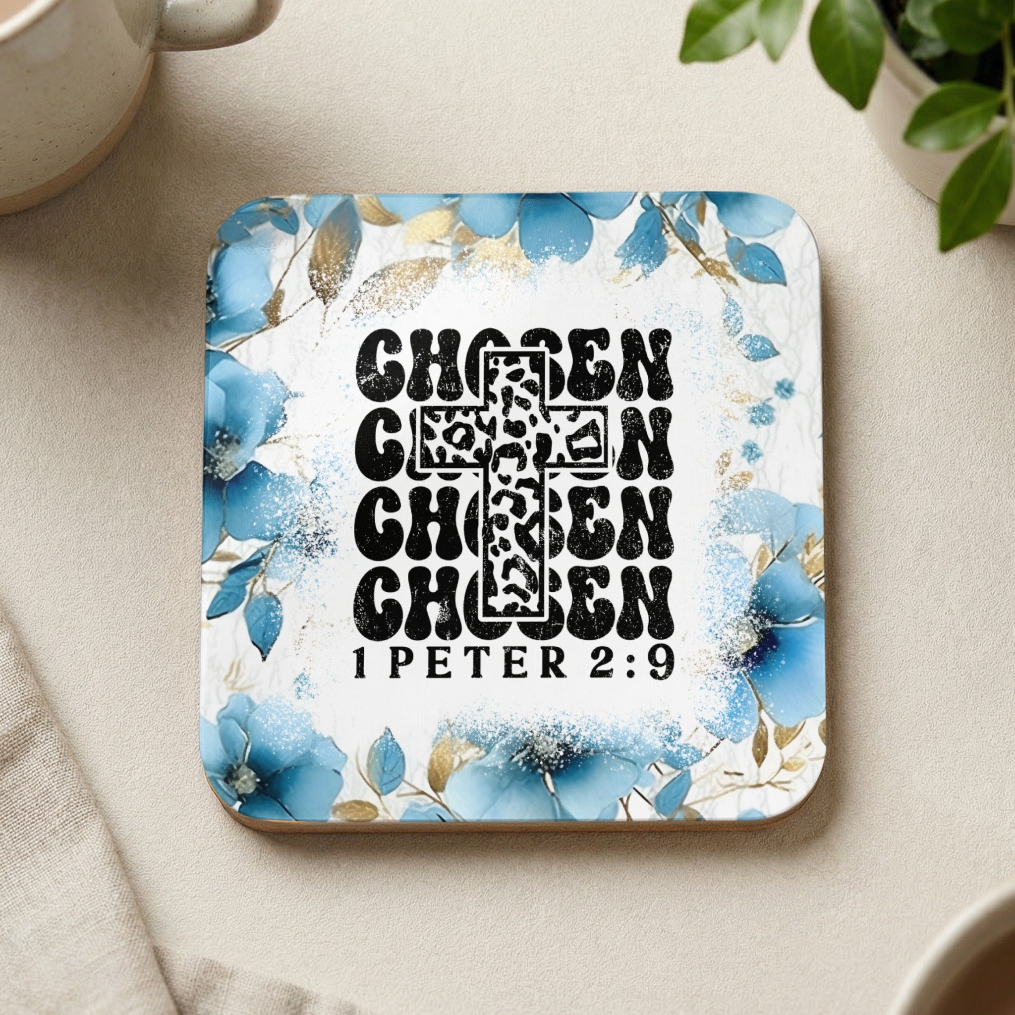 Coaster with floral design, leopard print cross, and "CHOSEN 1 PETER 2:9" text.