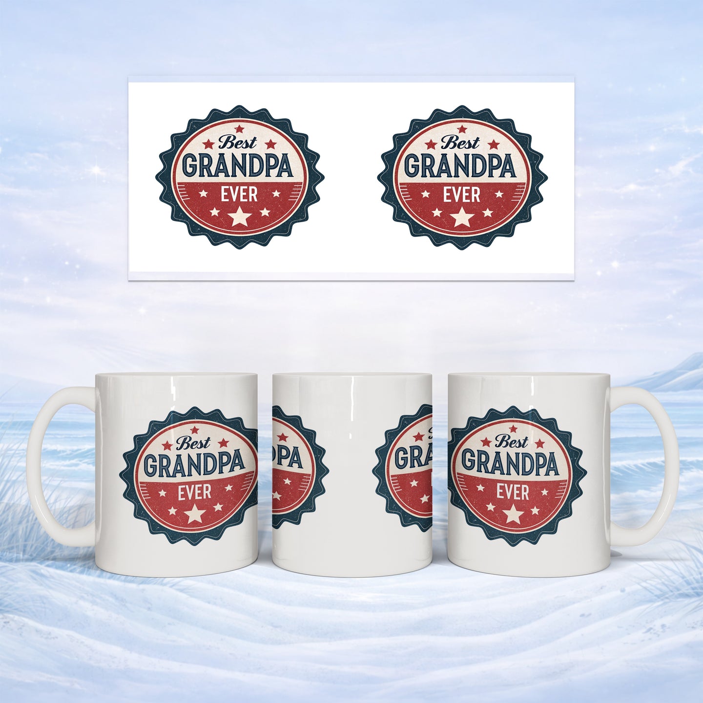 Two white mugs with "Best Grandpa Ever" emblem on snowy background.