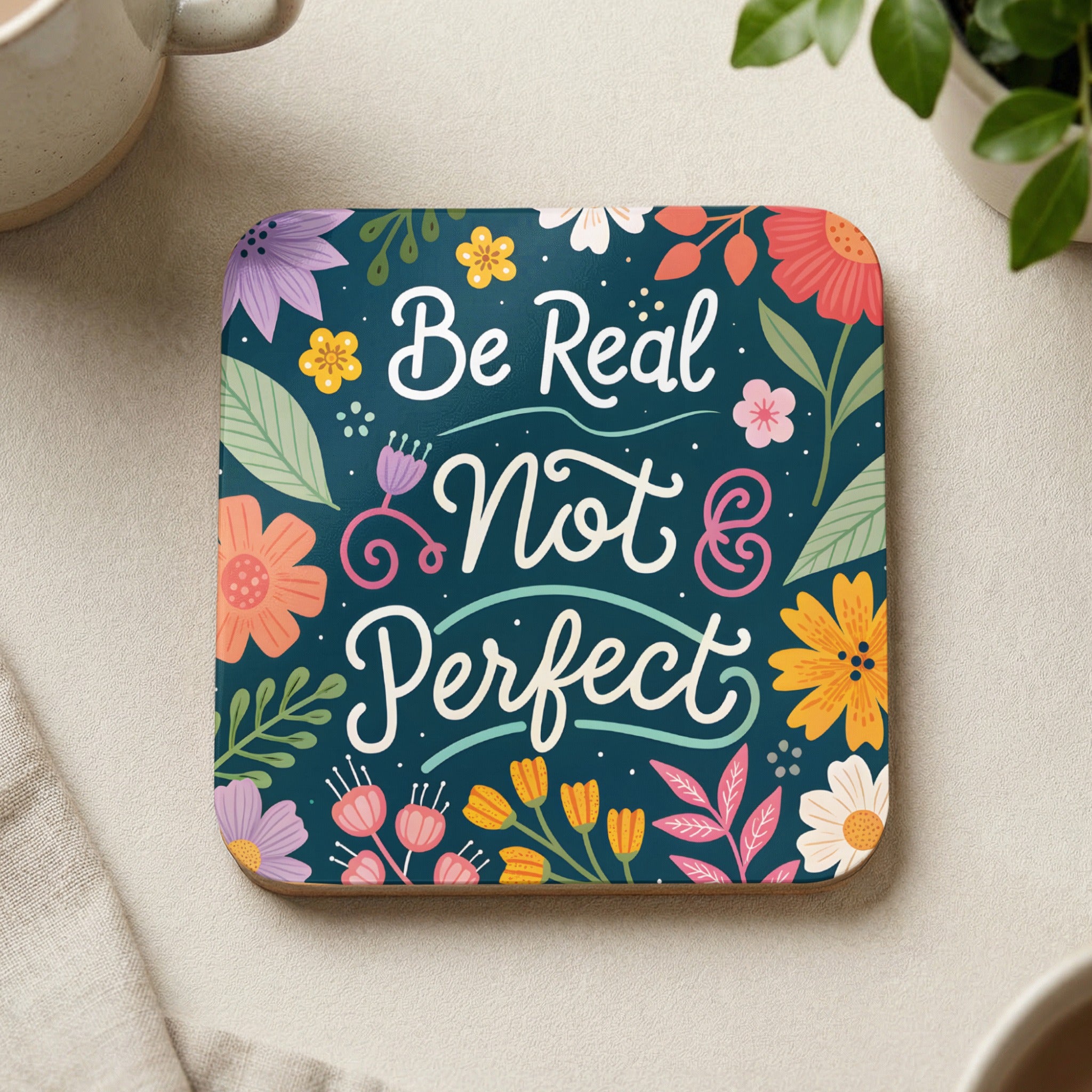Coaster with "Be Real Not Perfect" in script lettering, surrounded by colorful flowers.