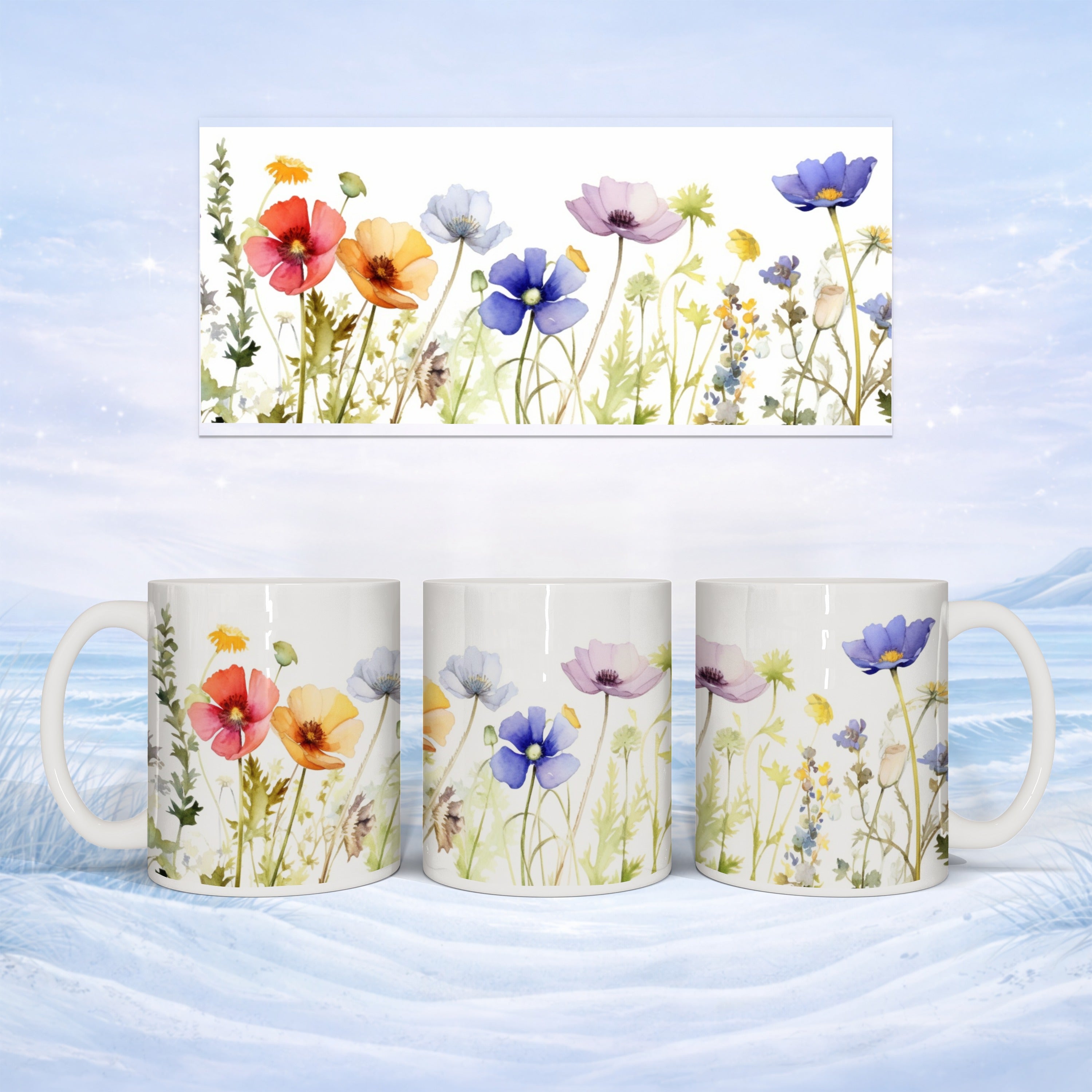 Mug with watercolor wildflowers in red, orange, blue, and purple.
