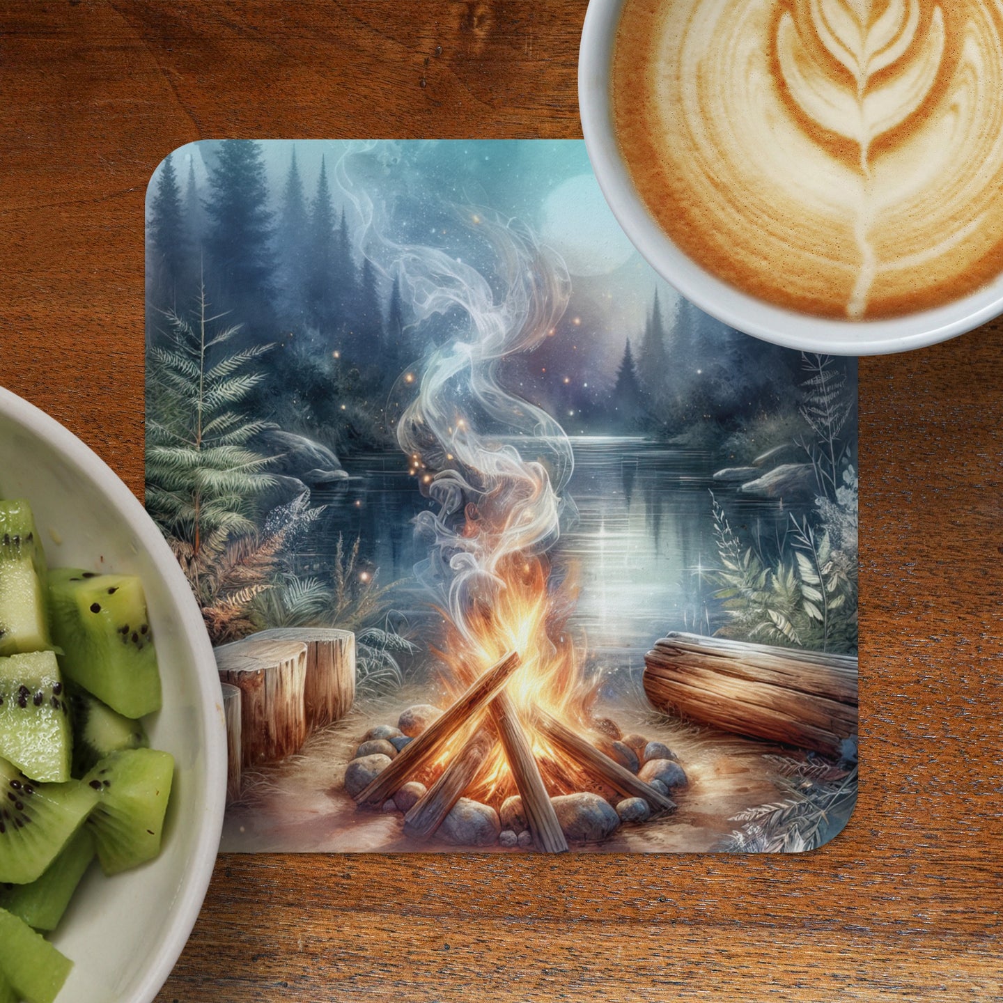 Coaster with a campfire scene, log, and coffee.