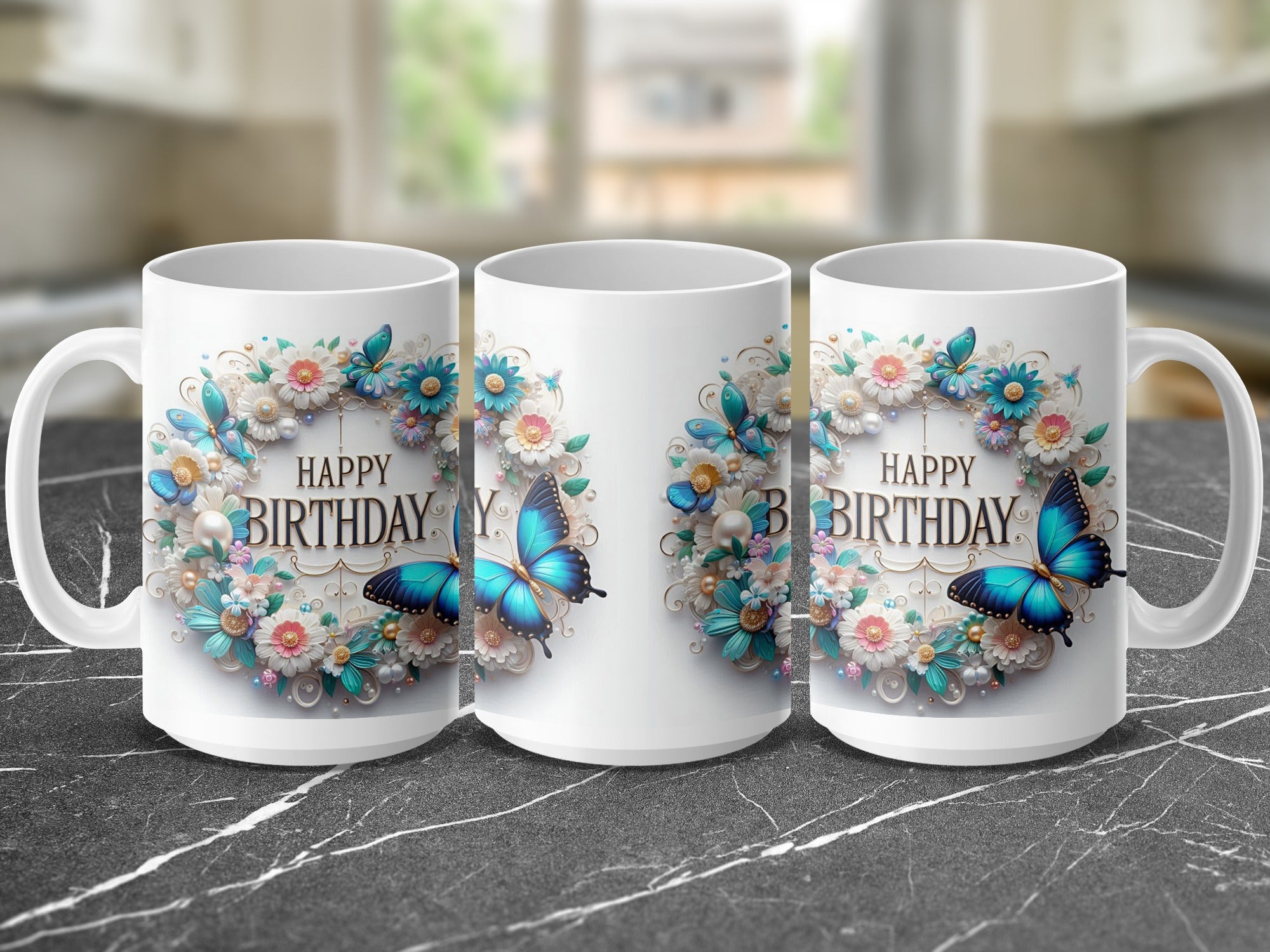 Three white mugs with "Happy Birthday" and blue butterflies on floral wreaths.