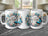 Three white mugs with "Happy Birthday" and blue butterflies on floral wreaths.