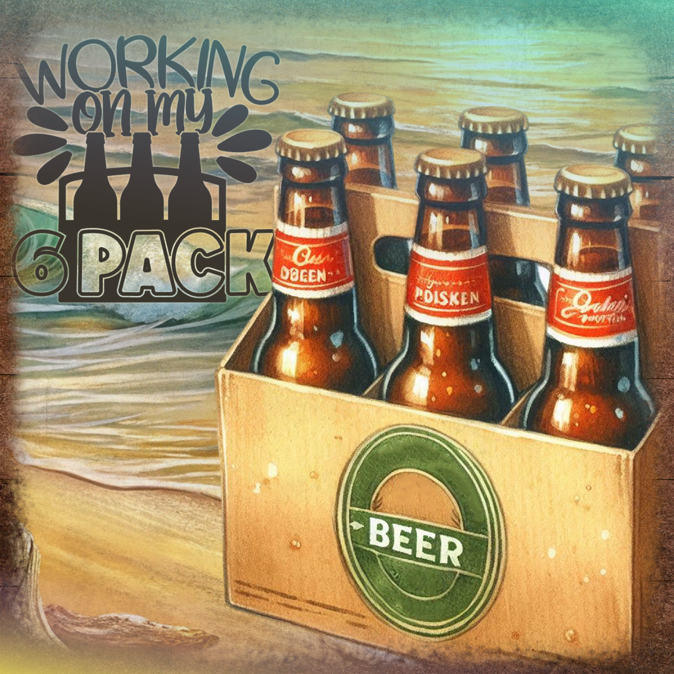 Six bottles of beer in a cardboard carrier on a beach.