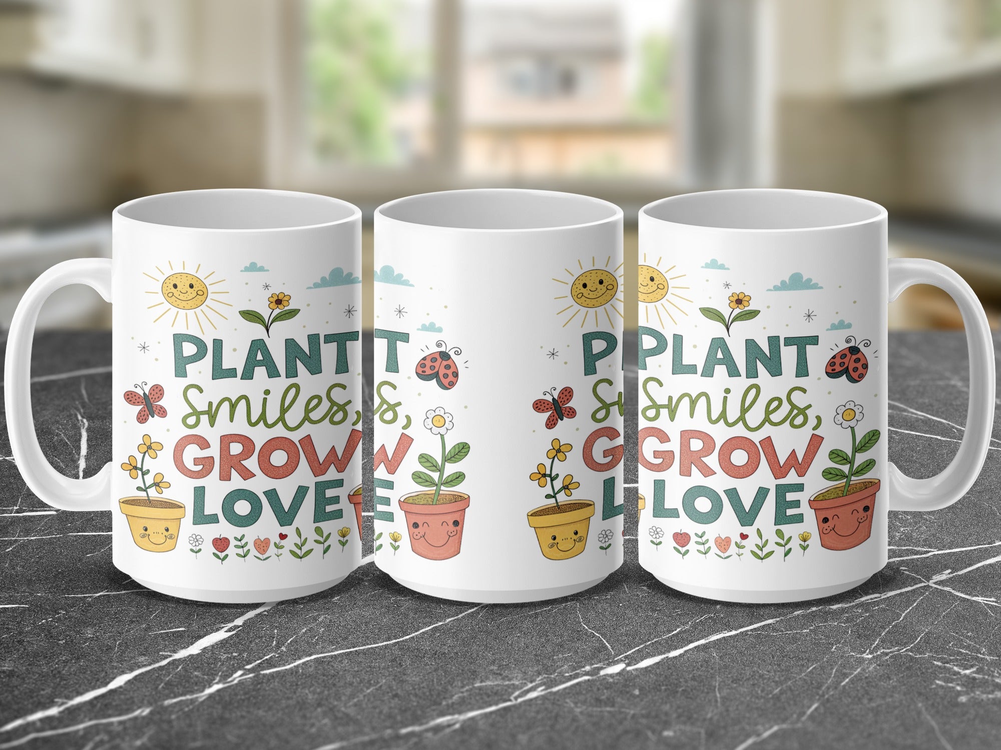Three mugs with "Plant smiles, grow love" text and floral designs.