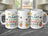 Three mugs with "Plant smiles, grow love" text and floral designs.