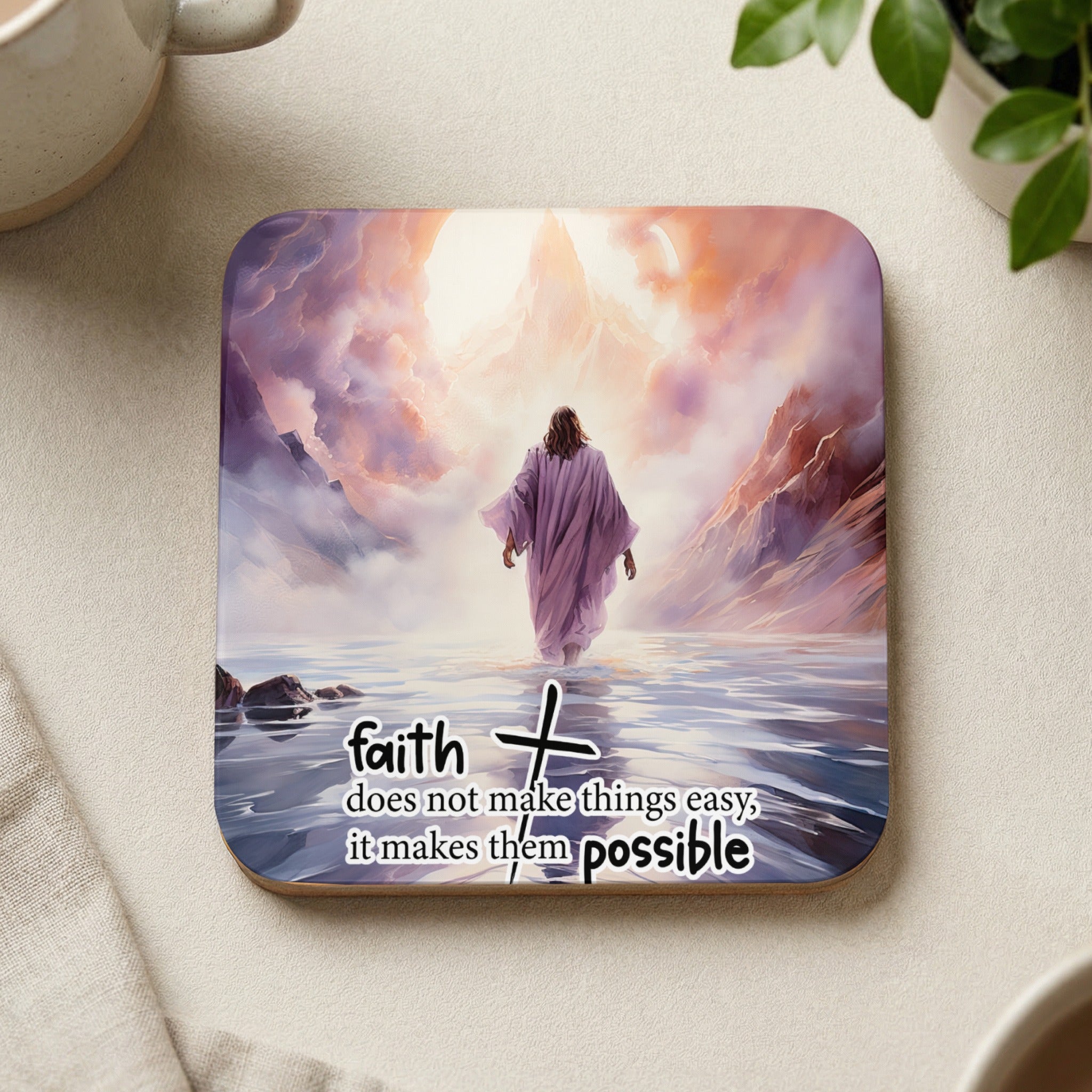 Jesus walks on water with the text "faith does not make things easy, it makes them possible".