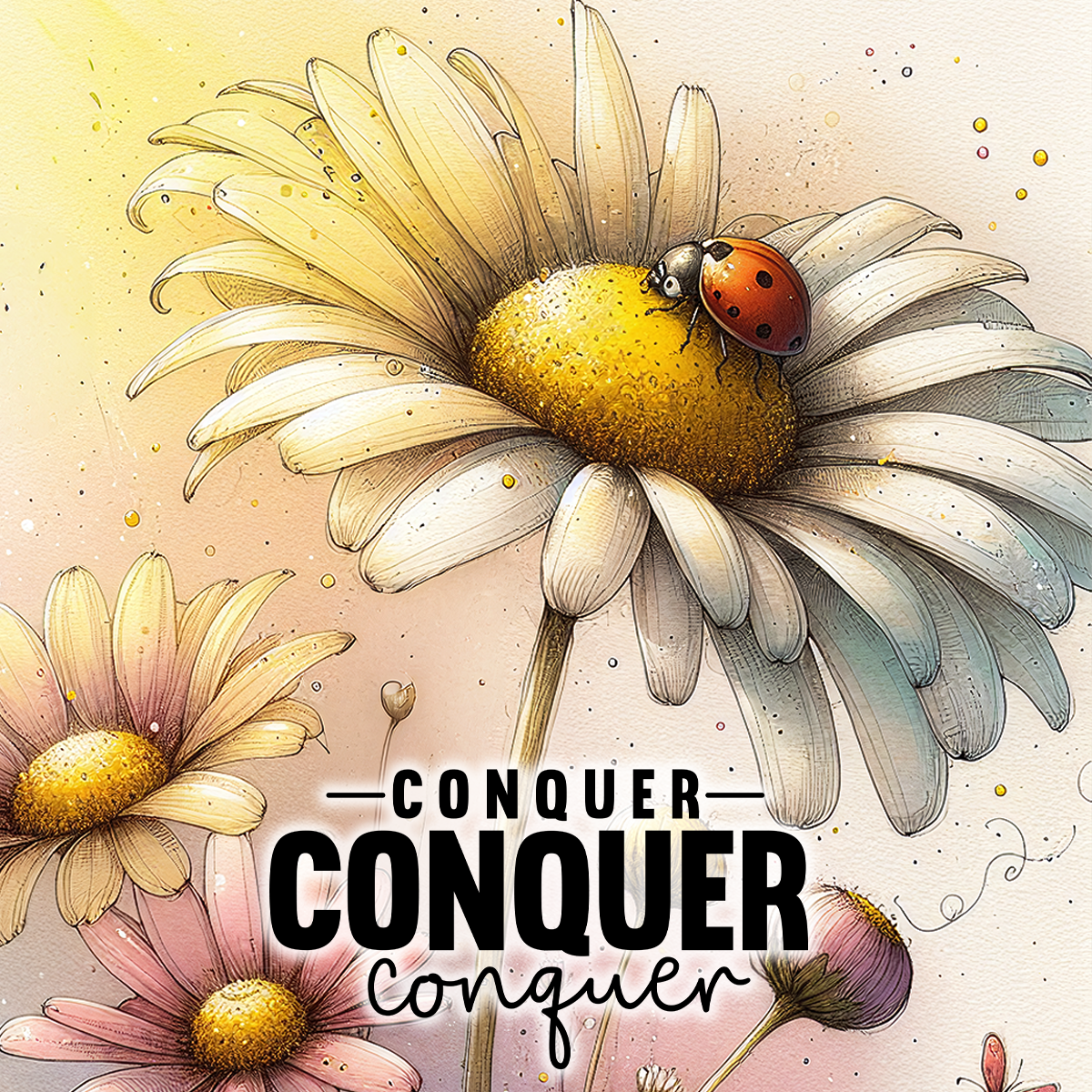 Daisy with ladybug, text "Conquer Conquer" in watercolor style.