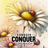 Daisy with ladybug, text "Conquer Conquer" in watercolor style.