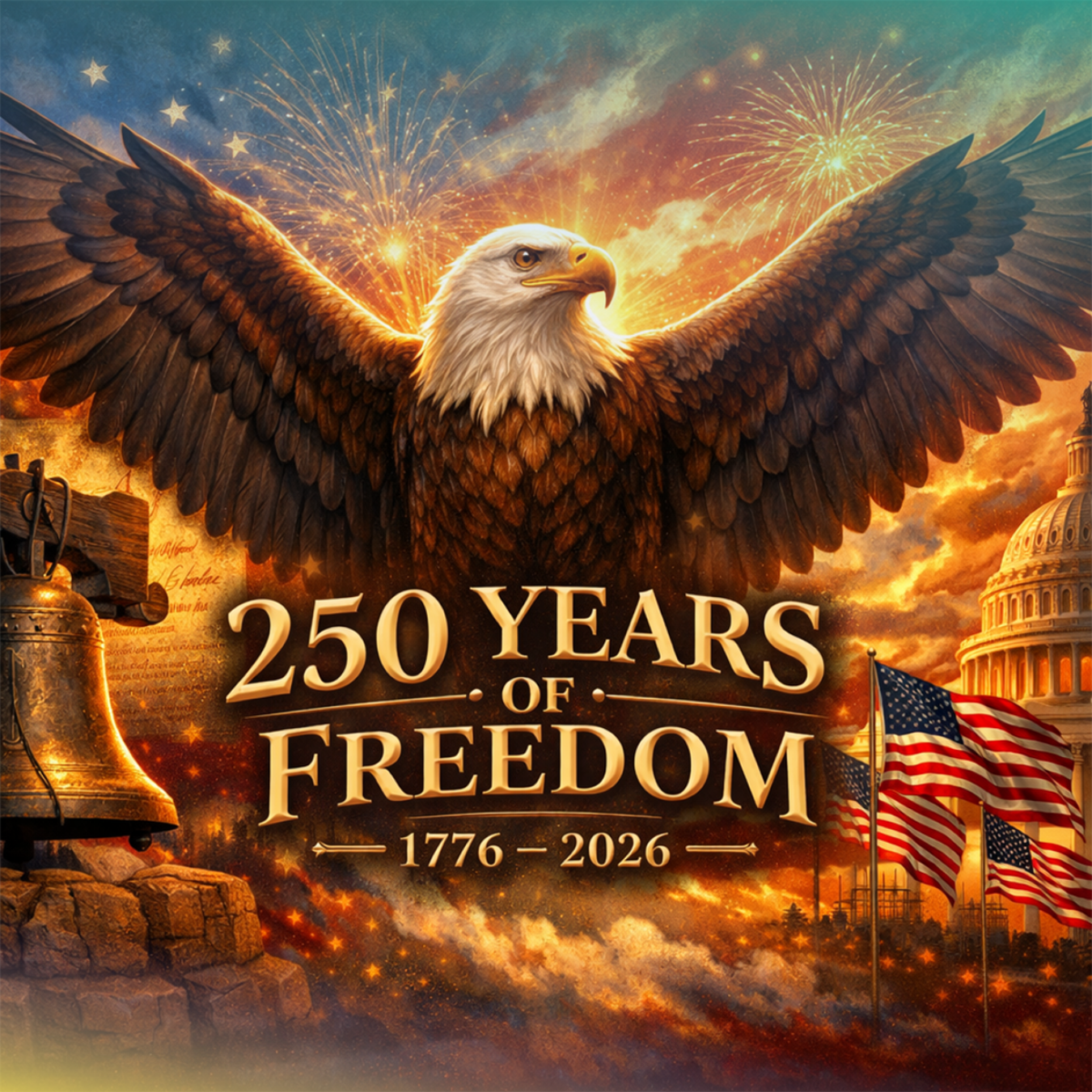 Eagle with outstretched wings over Independence Hall, Liberty Bell, and flags, celebrating 250 Years of Freedom.