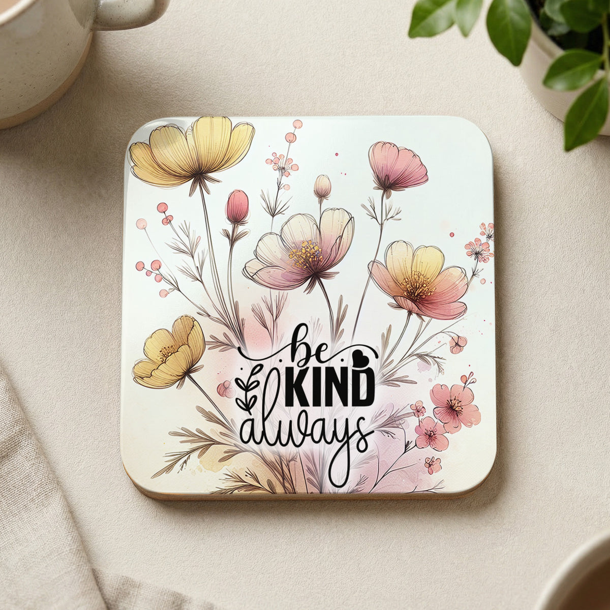 Coaster with floral design and "be kind always" text.