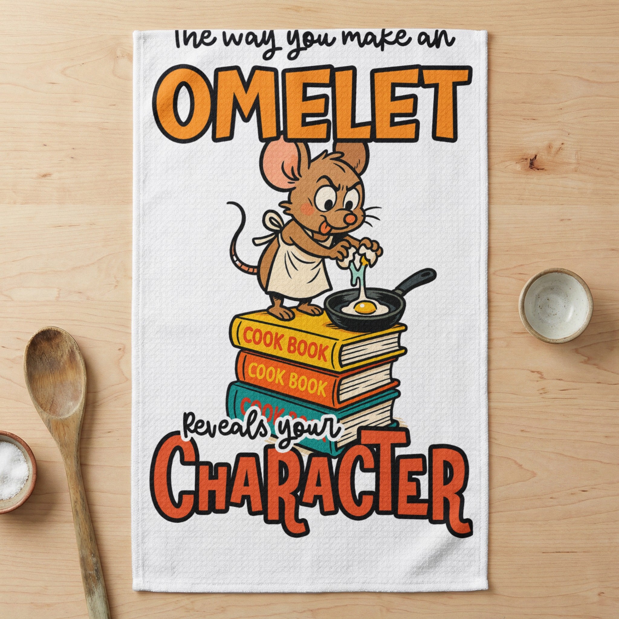 Cartoon mouse cooking omelet on stack of cookbooks, "OMELET Reveals your CHARACTER".