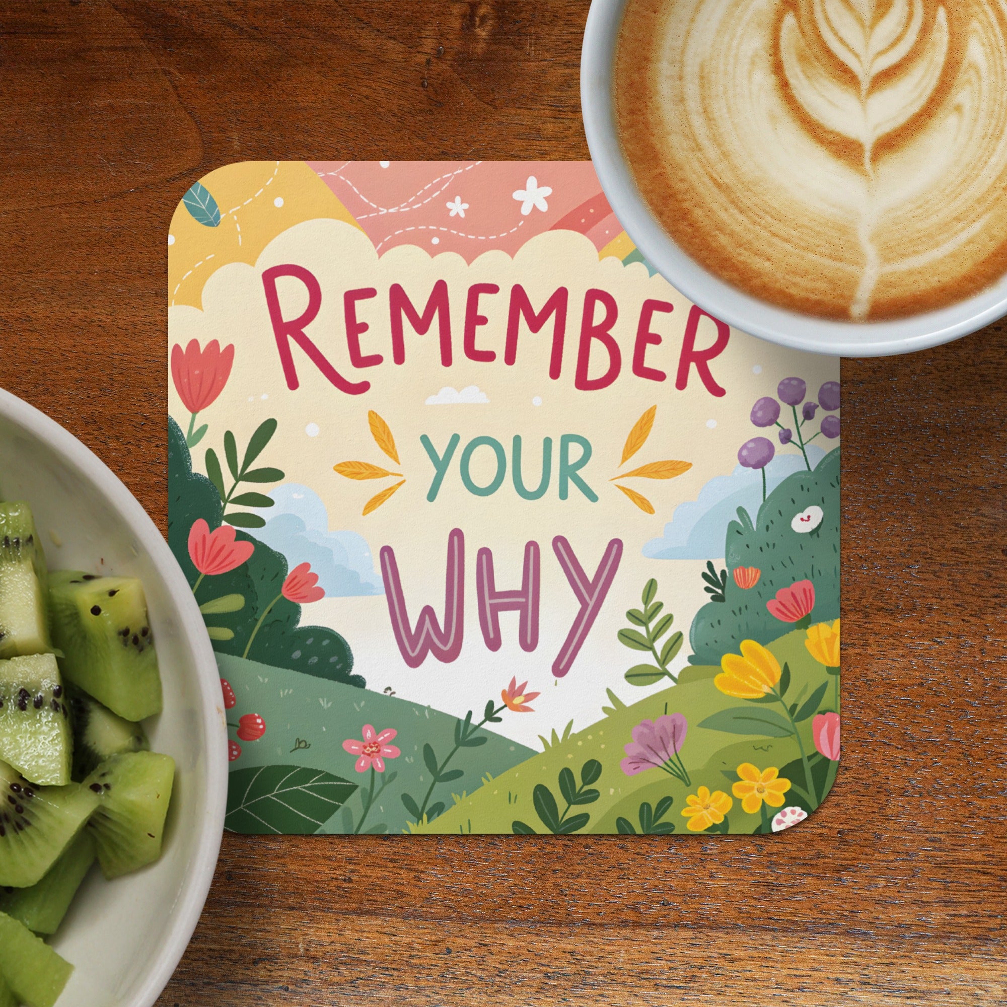 Coaster with "Remember Your Why" text, rainbow, flowers, and clouds.