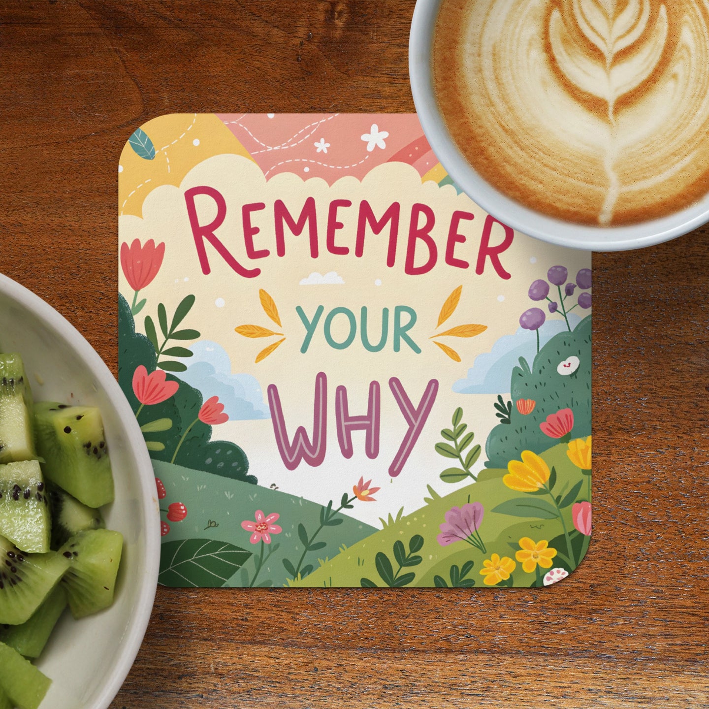 Coaster with "Remember Your Why" text, rainbow, flowers, and clouds.