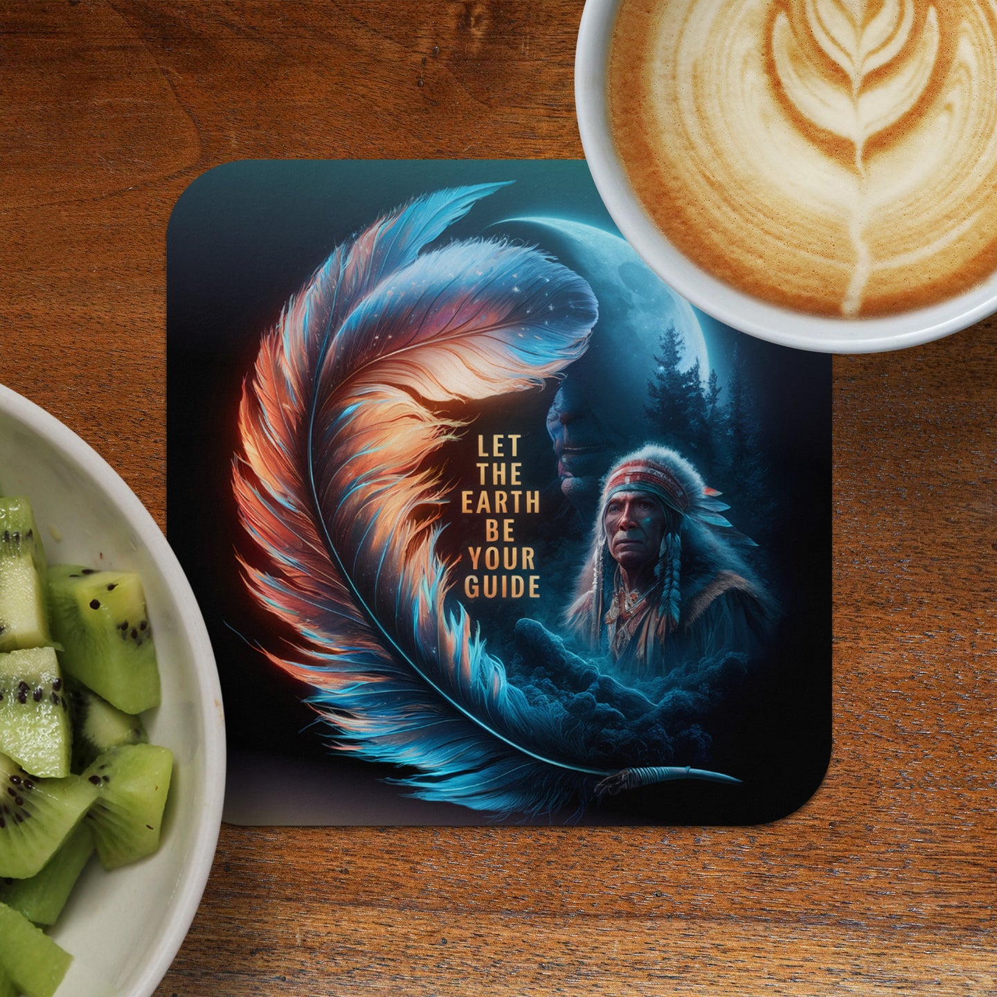 Feather with Native American man and moon, text "LET THE EARTH BE YOUR GUIDE".