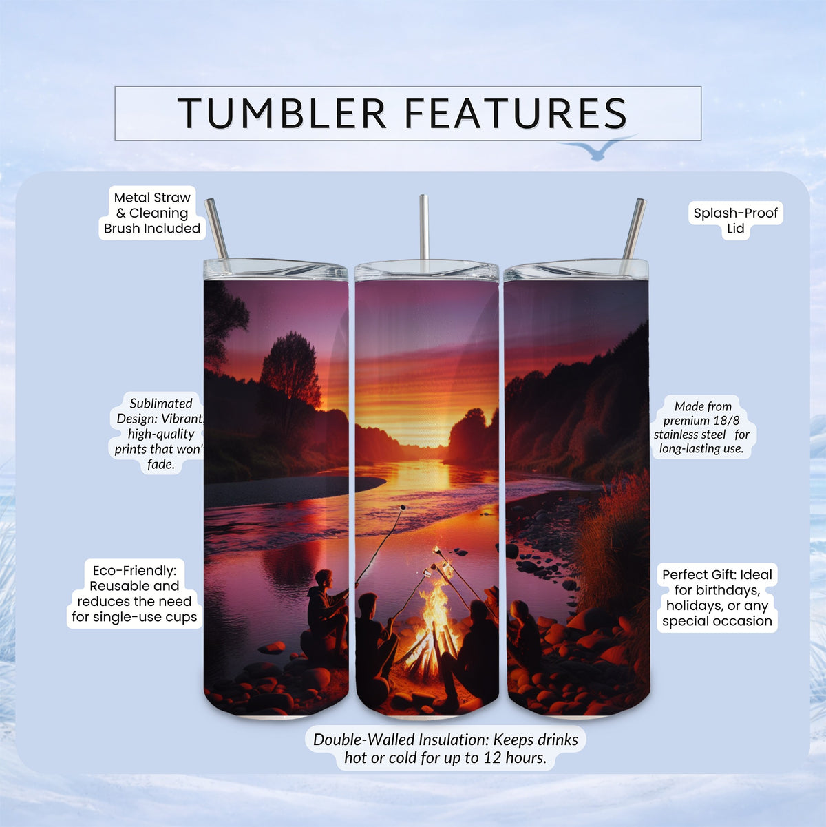 Tumbler with sunset campfire scene, featuring insulation and durable construction.