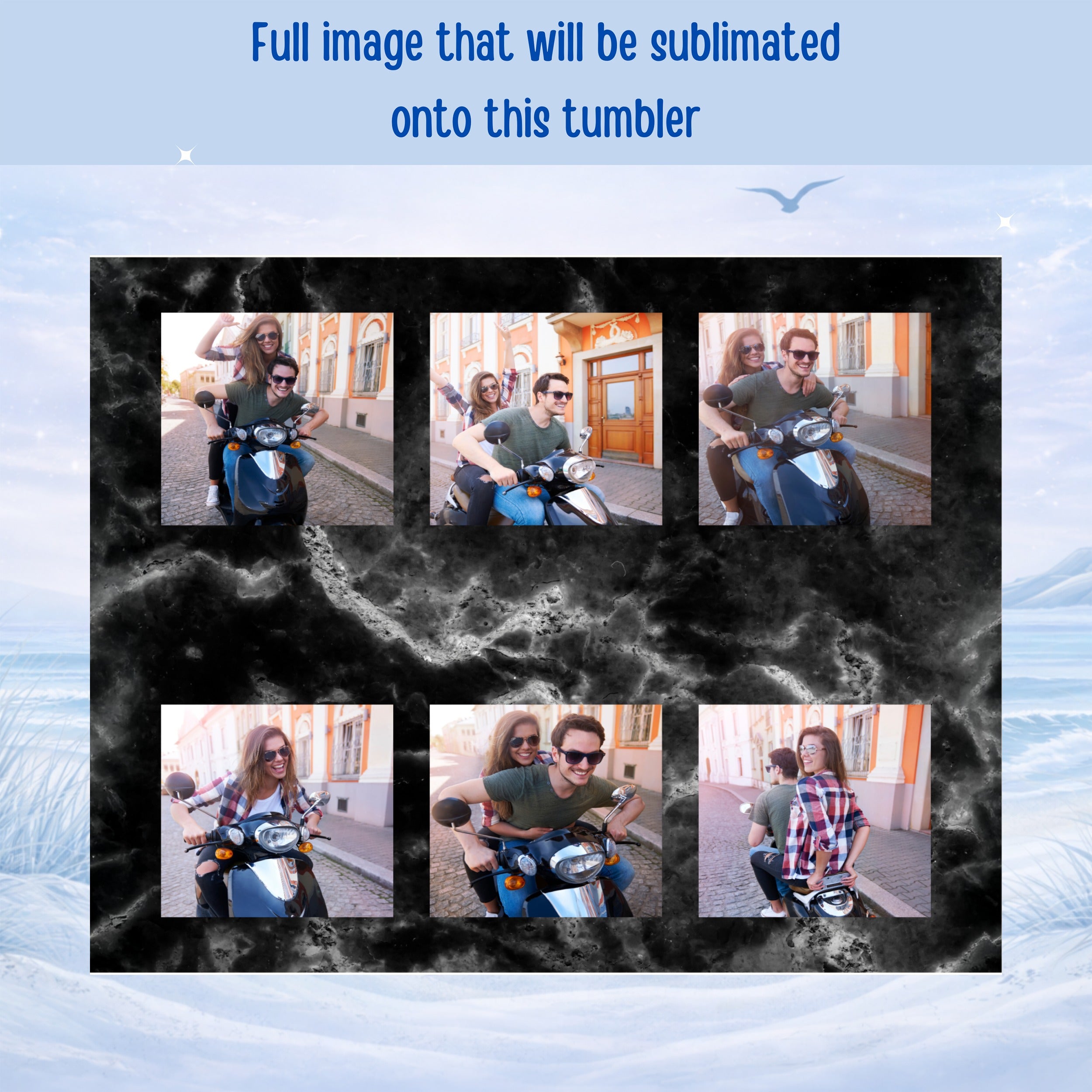 Collage of couples riding scooters against a marble background.
