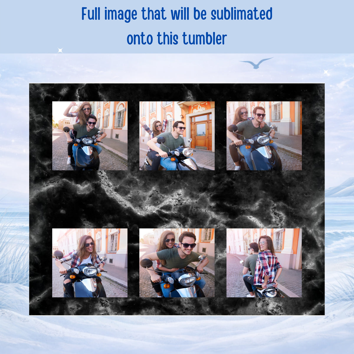 Collage of couples riding scooters against a marble background.
