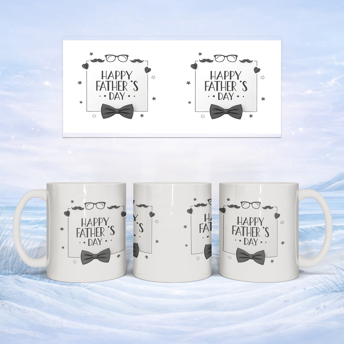 Three white mugs with "Happy Father's Day" and bow tie graphic.