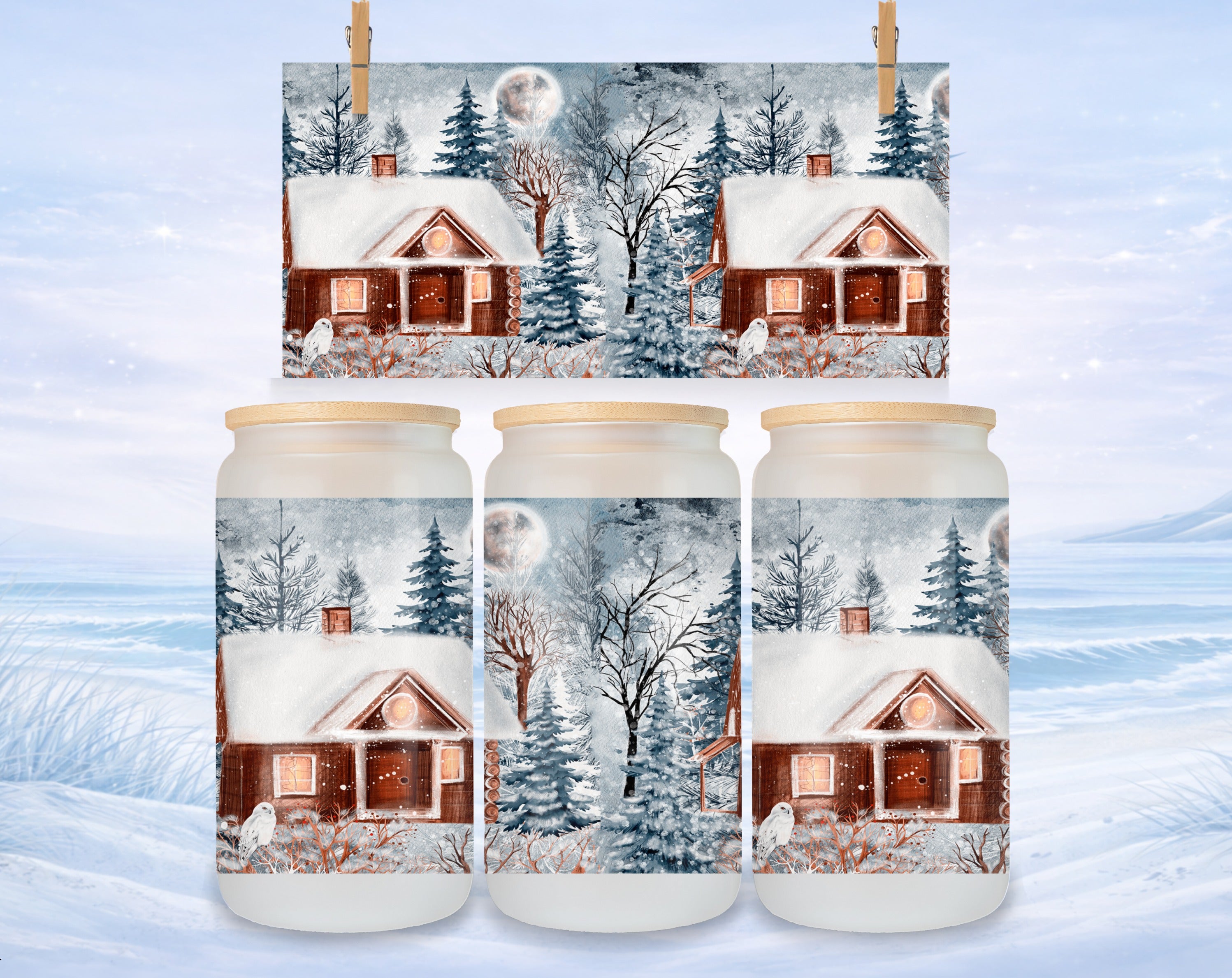 Winter scene with cozy houses and trees, printed on three glass jars.