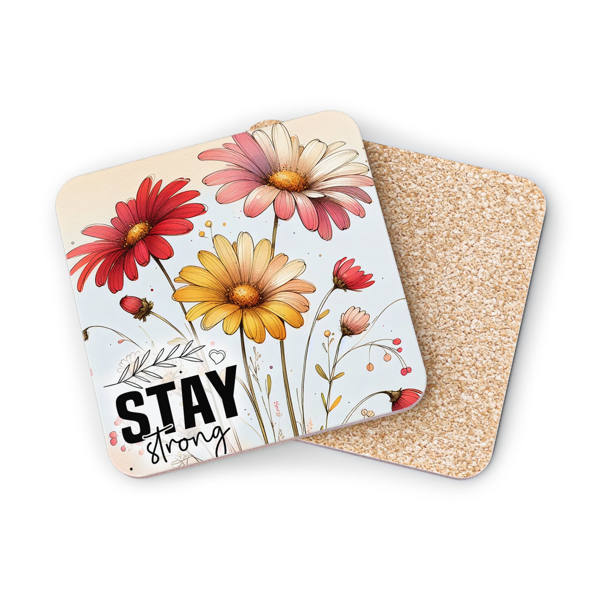 Coasters with colorful daisies and the words "STAY STRONG".