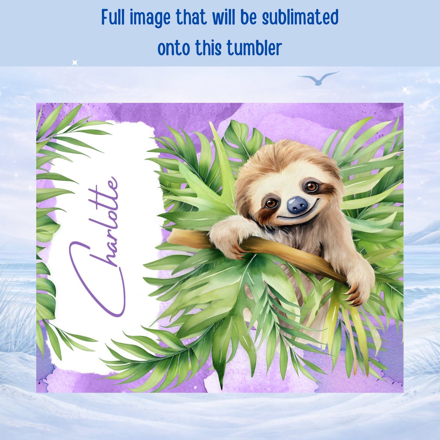 Sloth on a branch with purple watercolor background and "Charlotte" text.