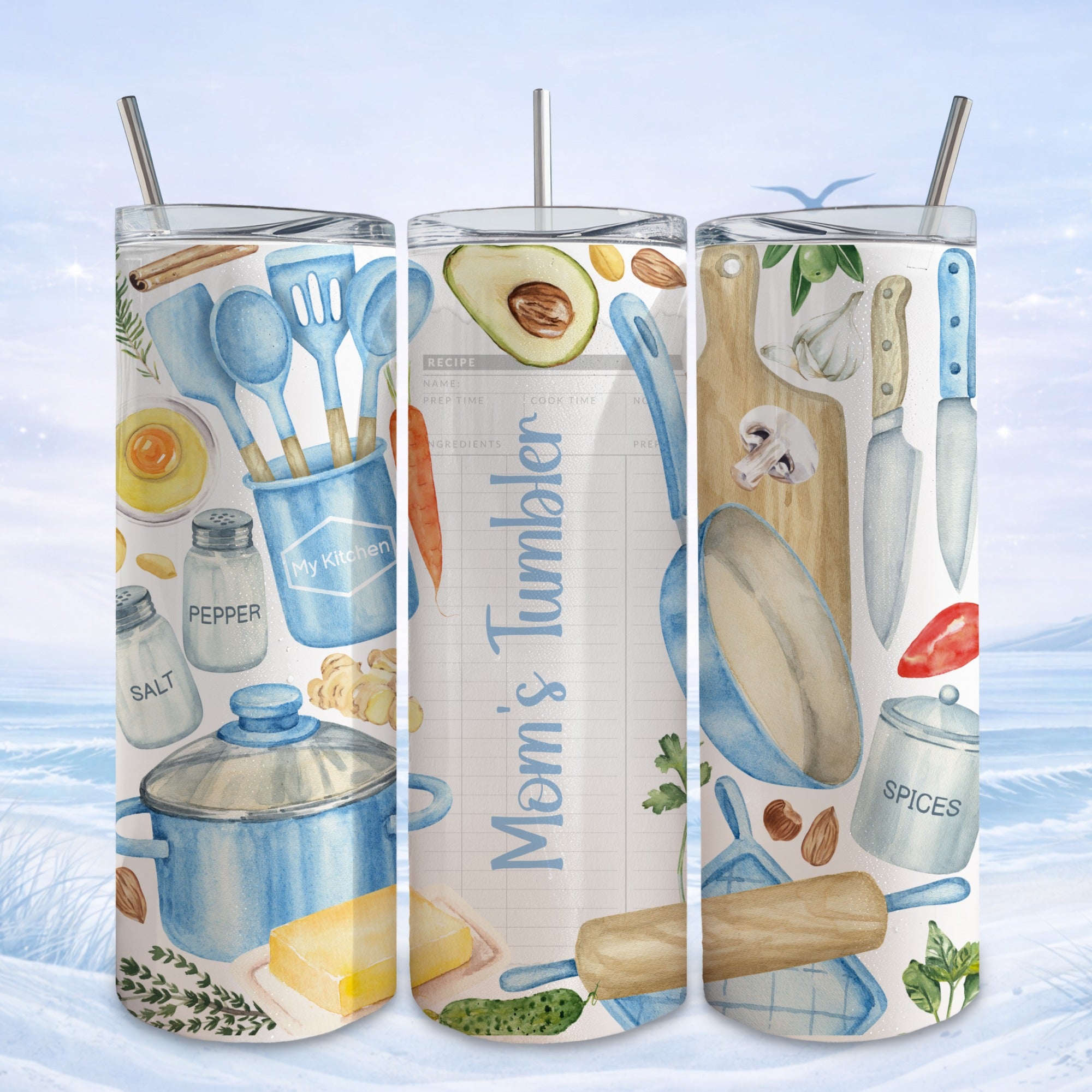 Watercolor kitchen items and recipe card design on a tumbler.