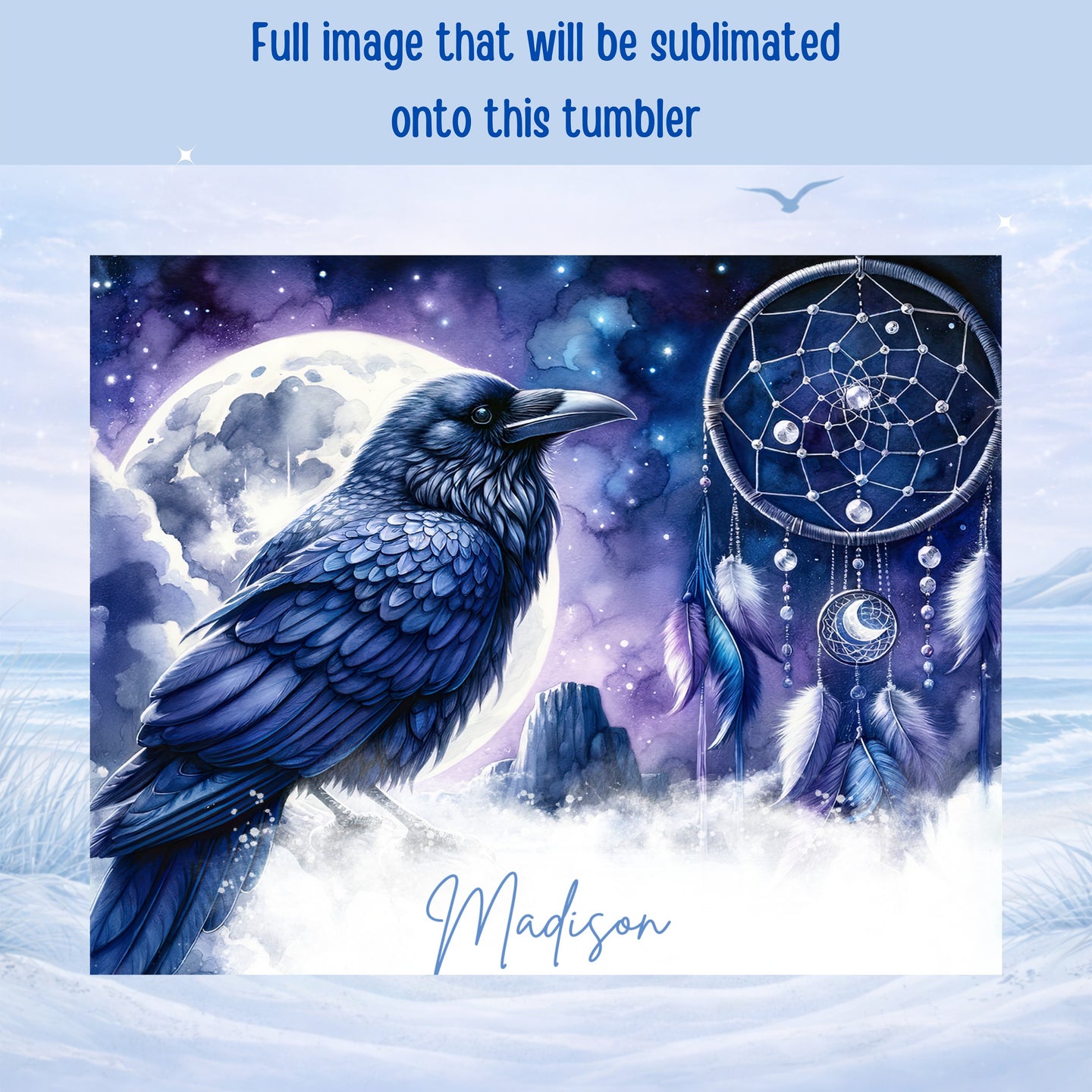 Dark raven perched before moonlit sky, dreamcatcher, and ocean waves.
