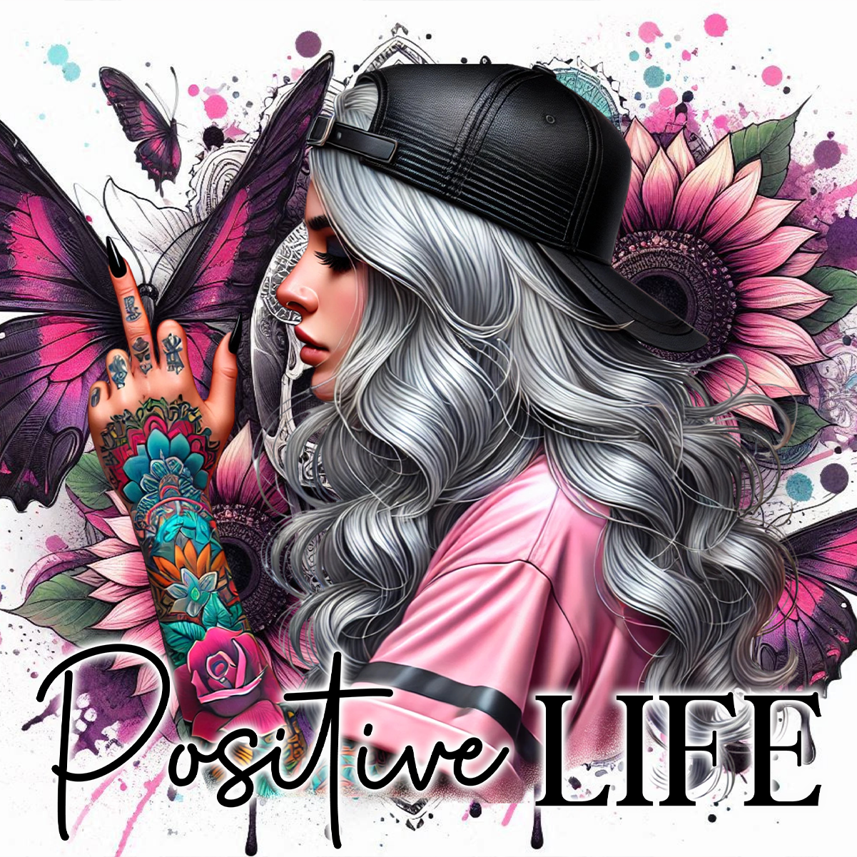 Woman with tattoos and pink shirt wearing a black baseball cap, with butterflies and flowers.