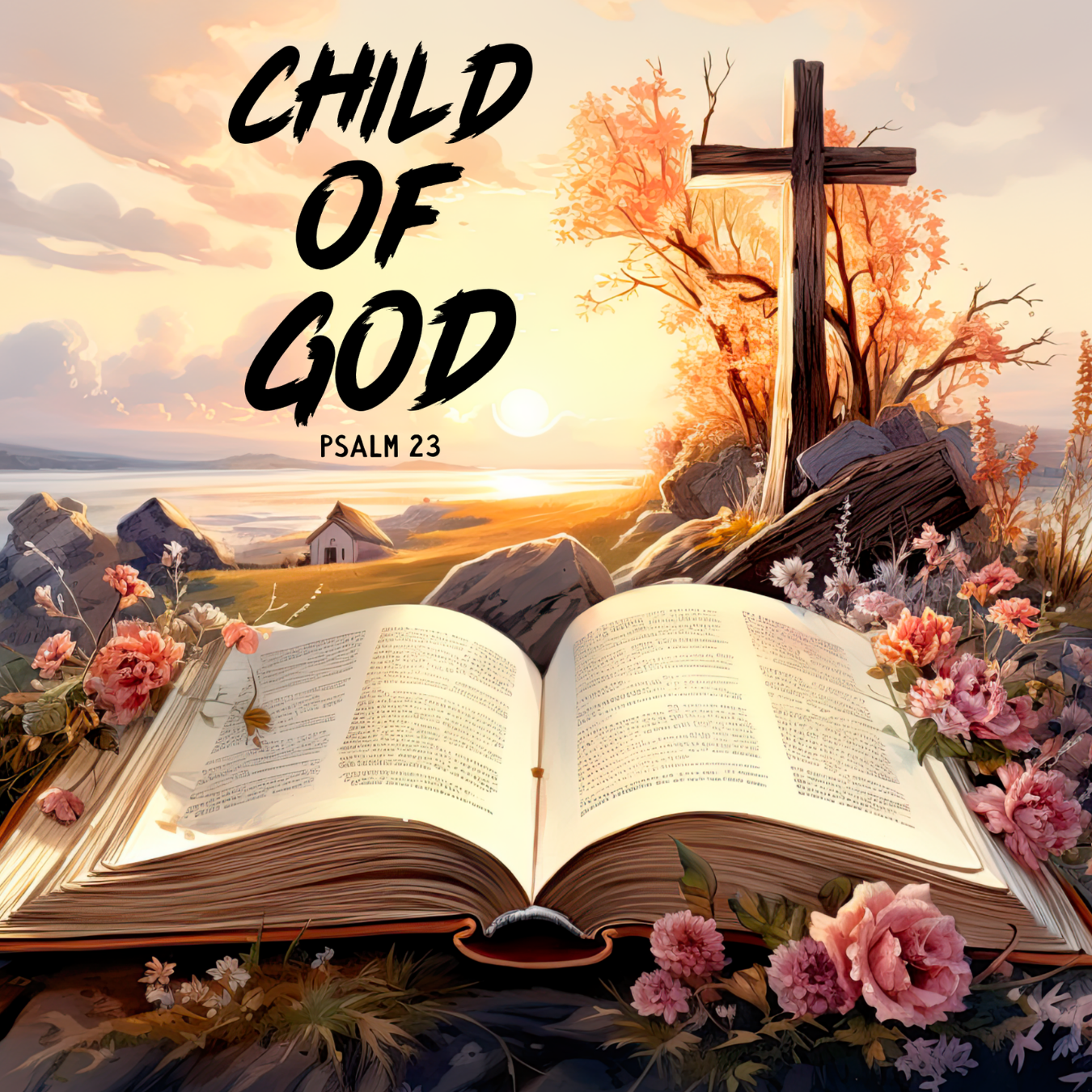Open Bible and cross against a sunset with flowers and text "Child of God".