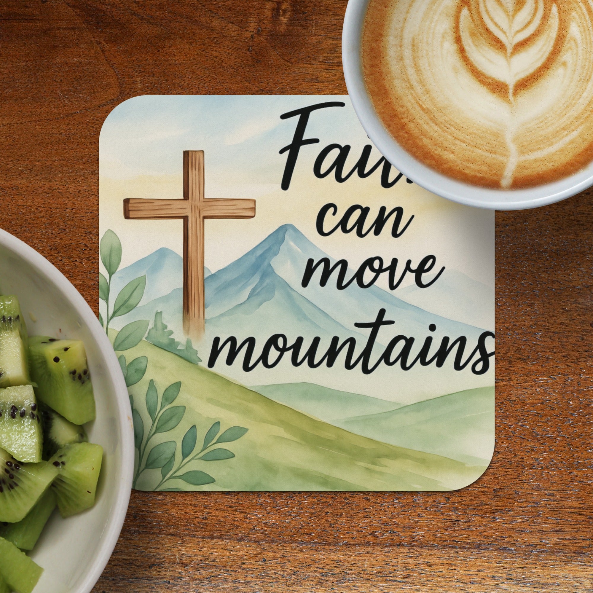 Wooden cross and mountains watercolor with "Faith can move mountains" text.
