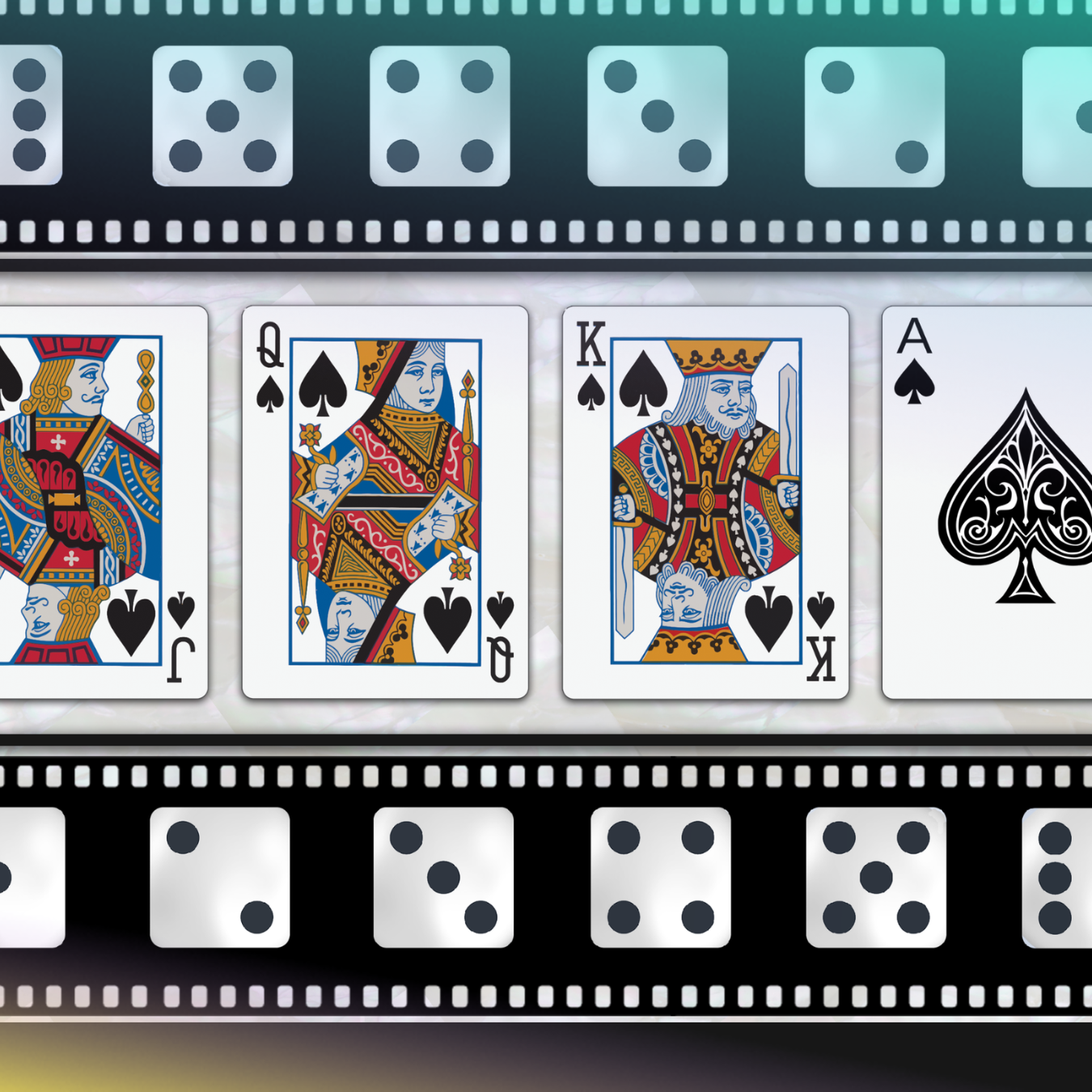 Playing cards featuring King, Queen, King, Ace, with dice and film strip border.