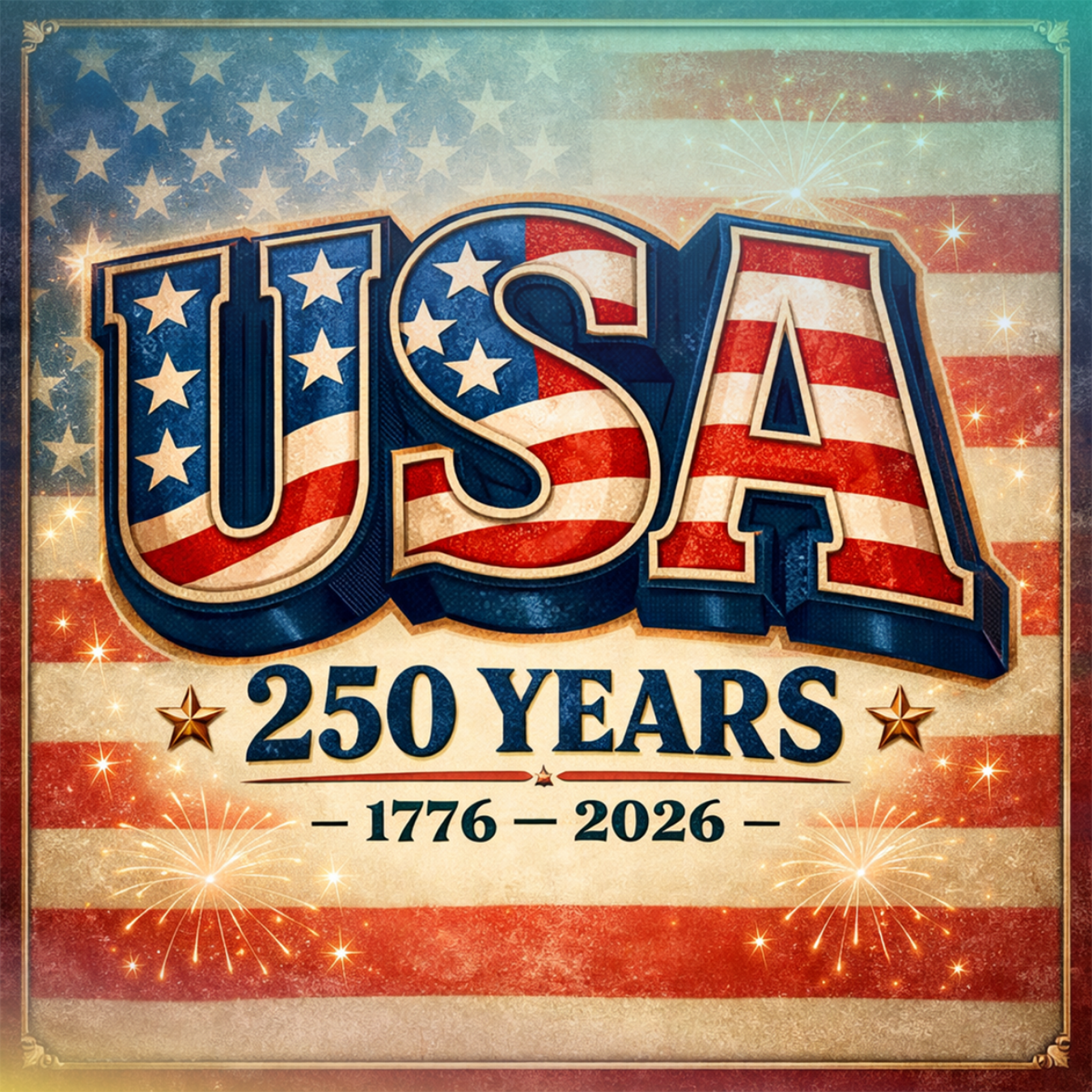 USA 250 Years 1776-2026 with fireworks and American flag elements.