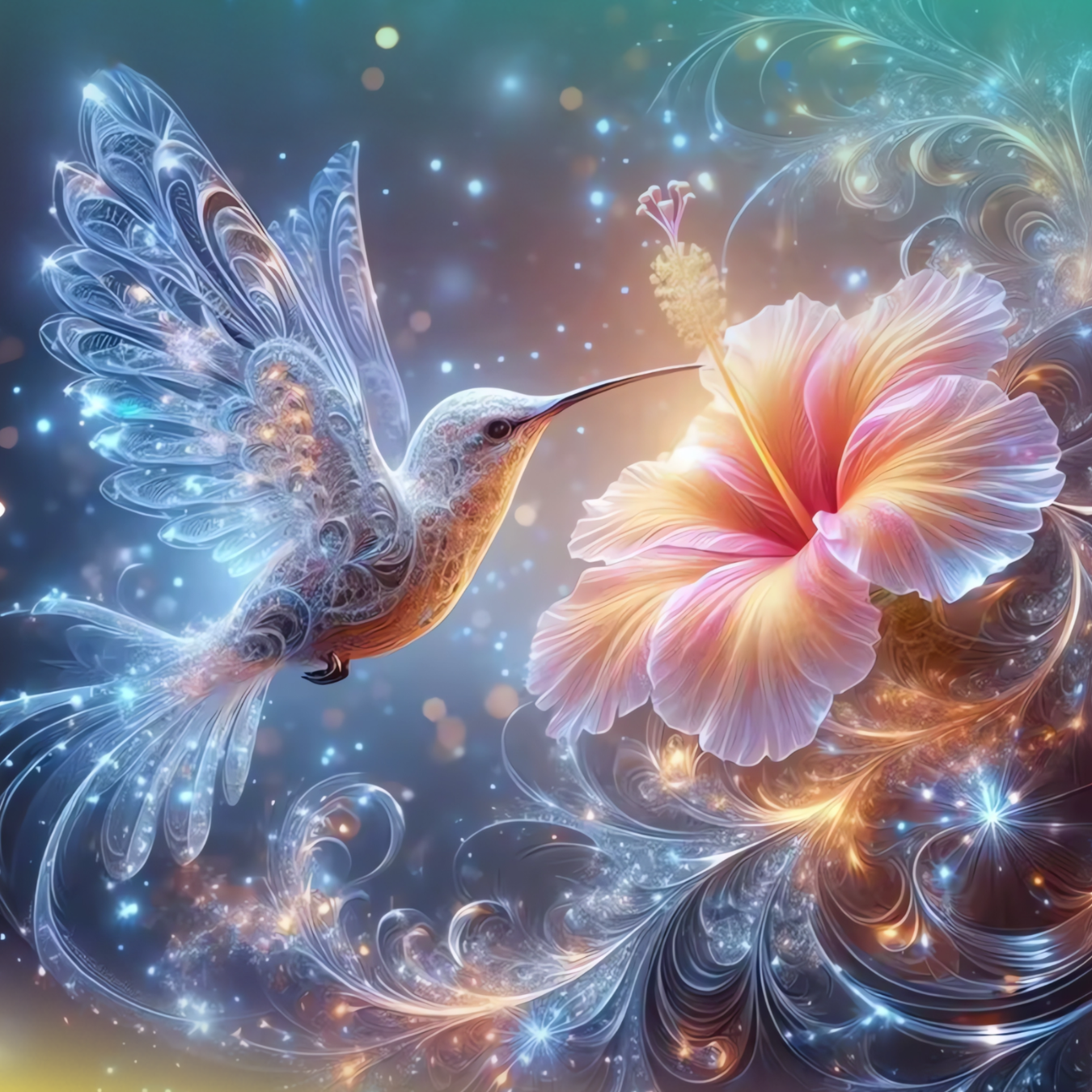 Hummingbird with iridescent wings drinks nectar from a glowing hibiscus flower.