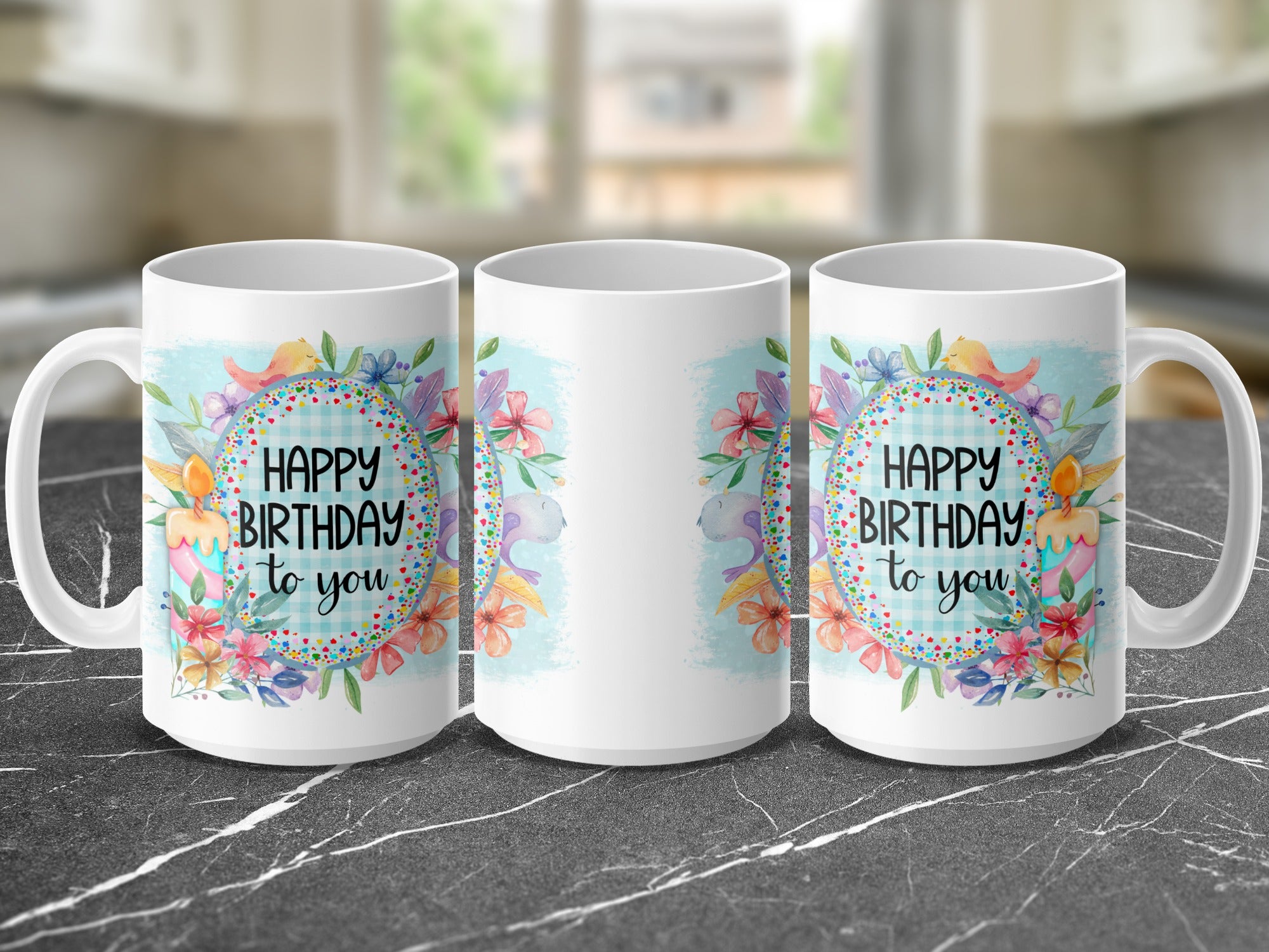 White mug with "Happy Birthday to You" in floral wreath.