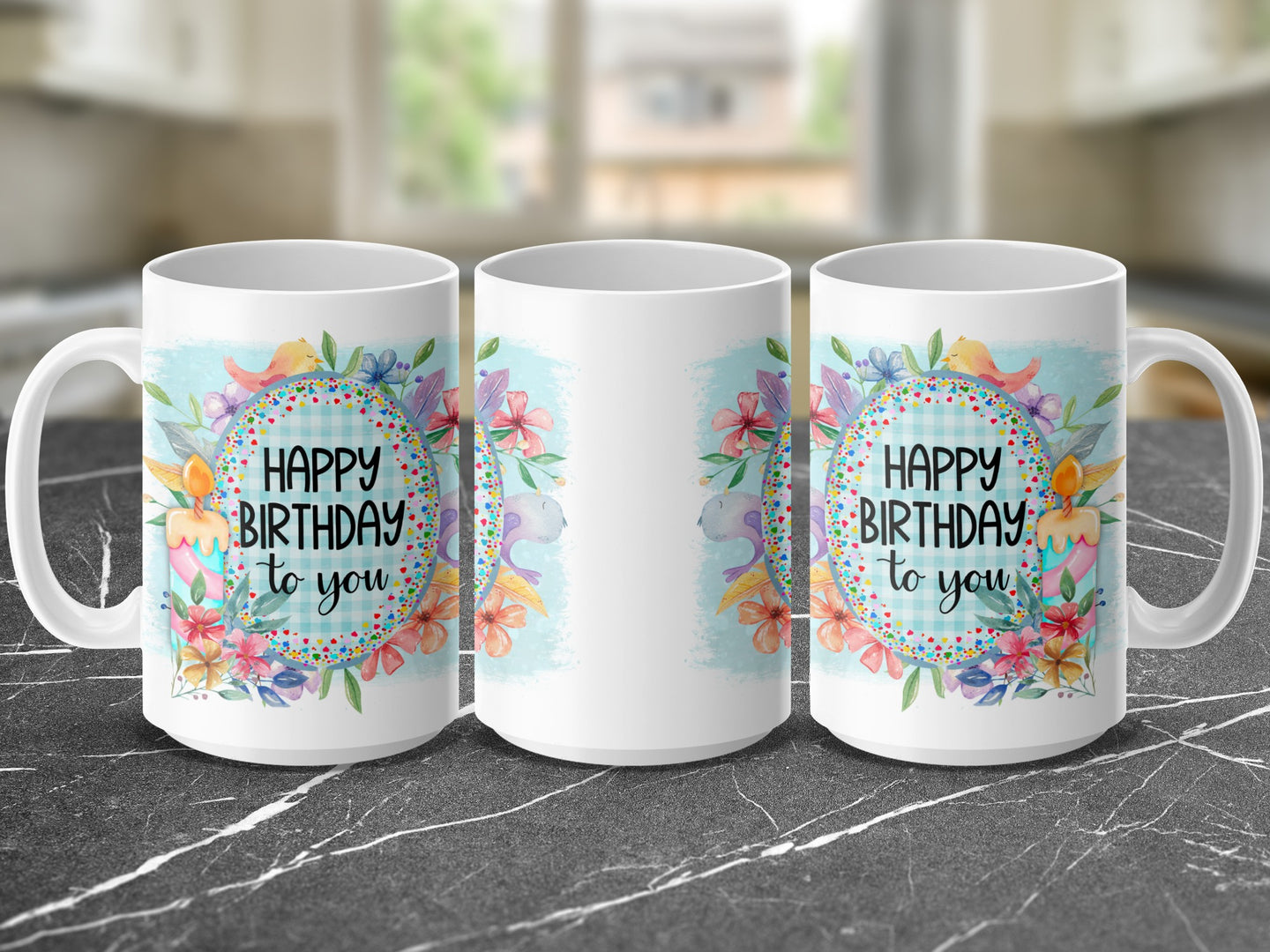 White mug with "Happy Birthday to You" in floral wreath.