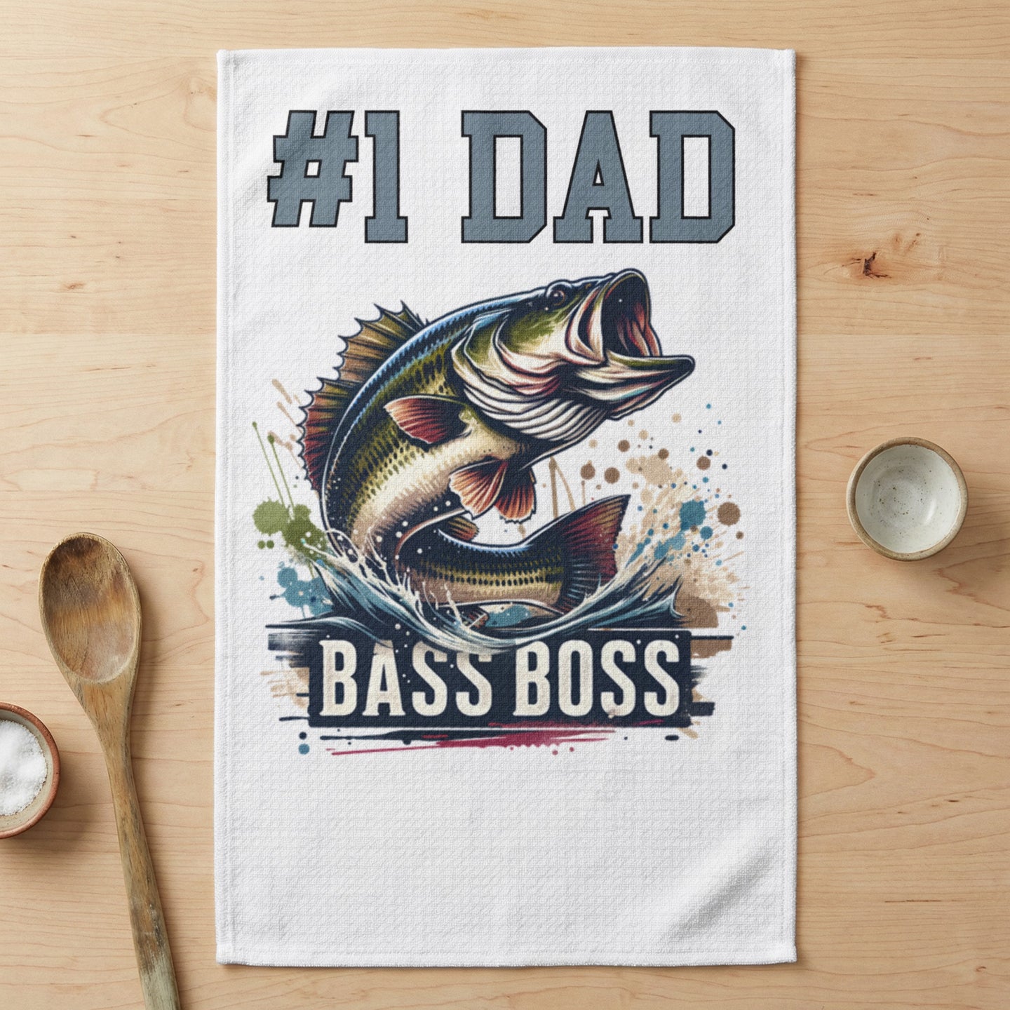#1 Dad Bass Boss fish design on a white tea towel.