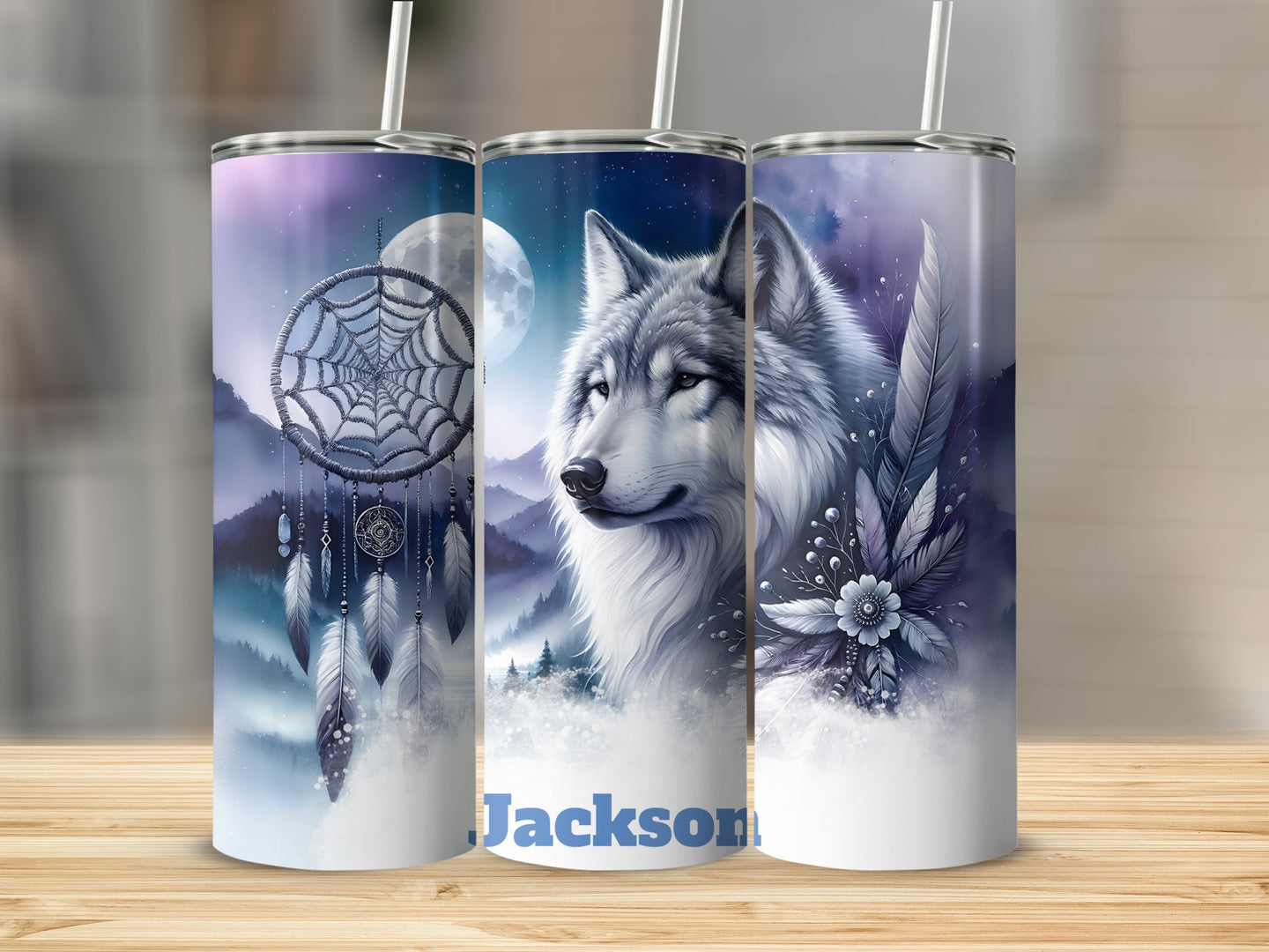 Wolf and dreamcatcher design on a 20oz tumbler with the name "Jackson".