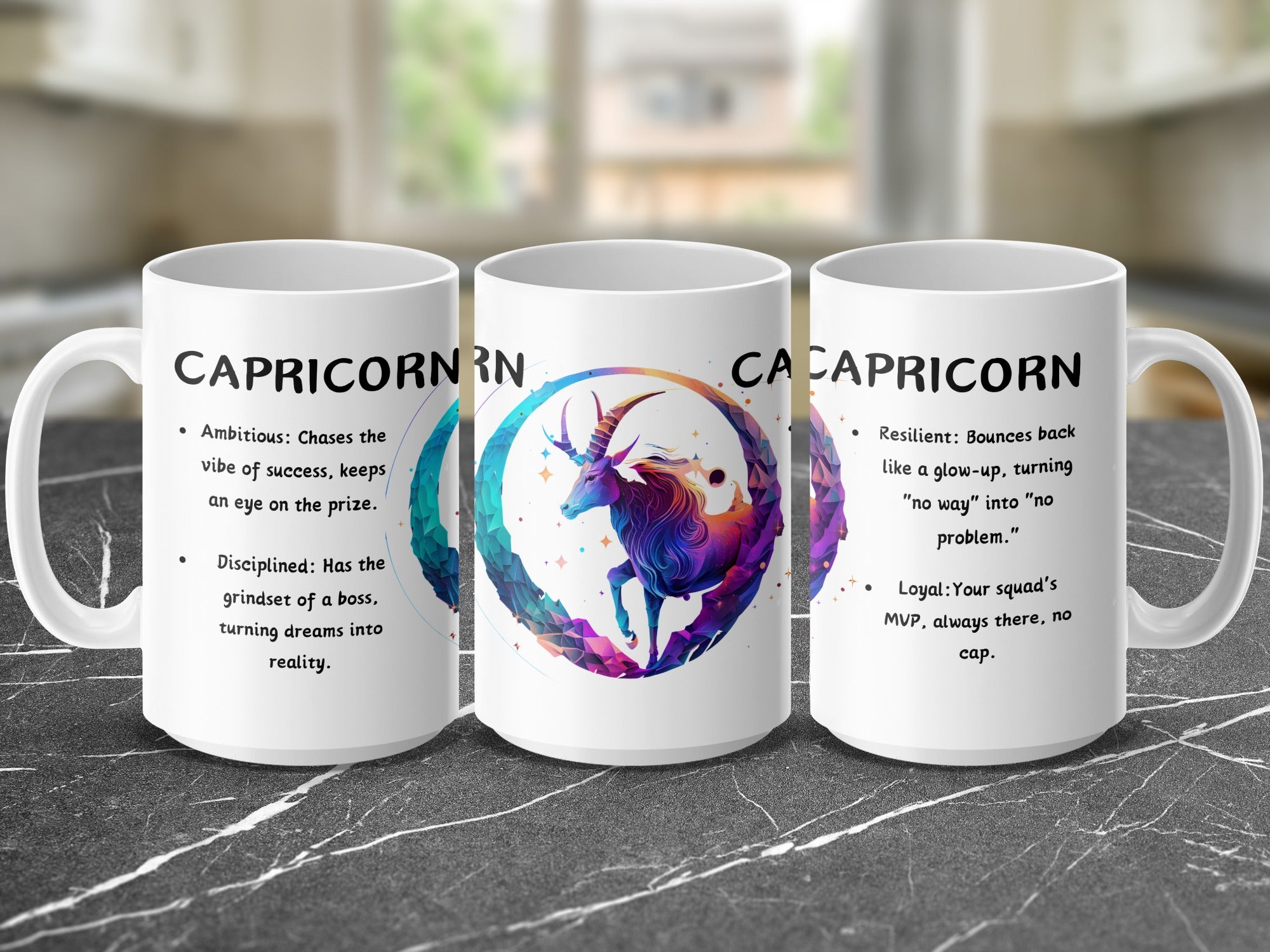 Mug with colorful Capricorn goat design and horoscope traits.