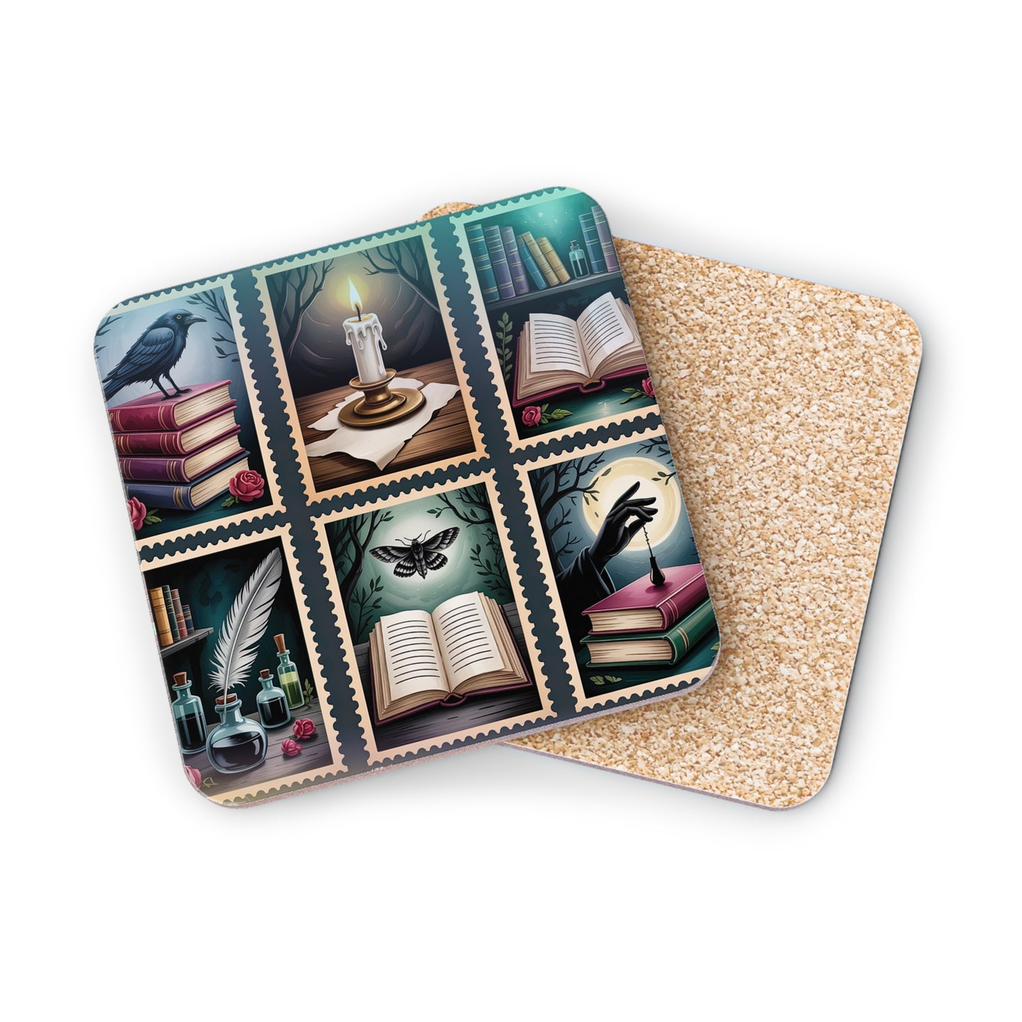 Coaster set with witchy, literary, and gothic imagery including books, candles, and moths.